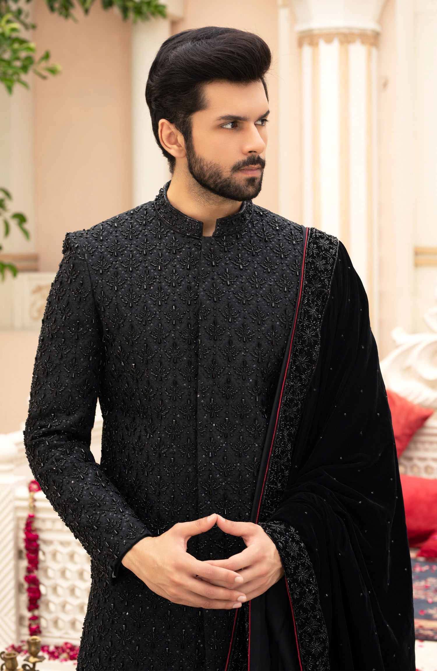 Black Adaa Work Silk Sherwani (3-Piece) - Image 4