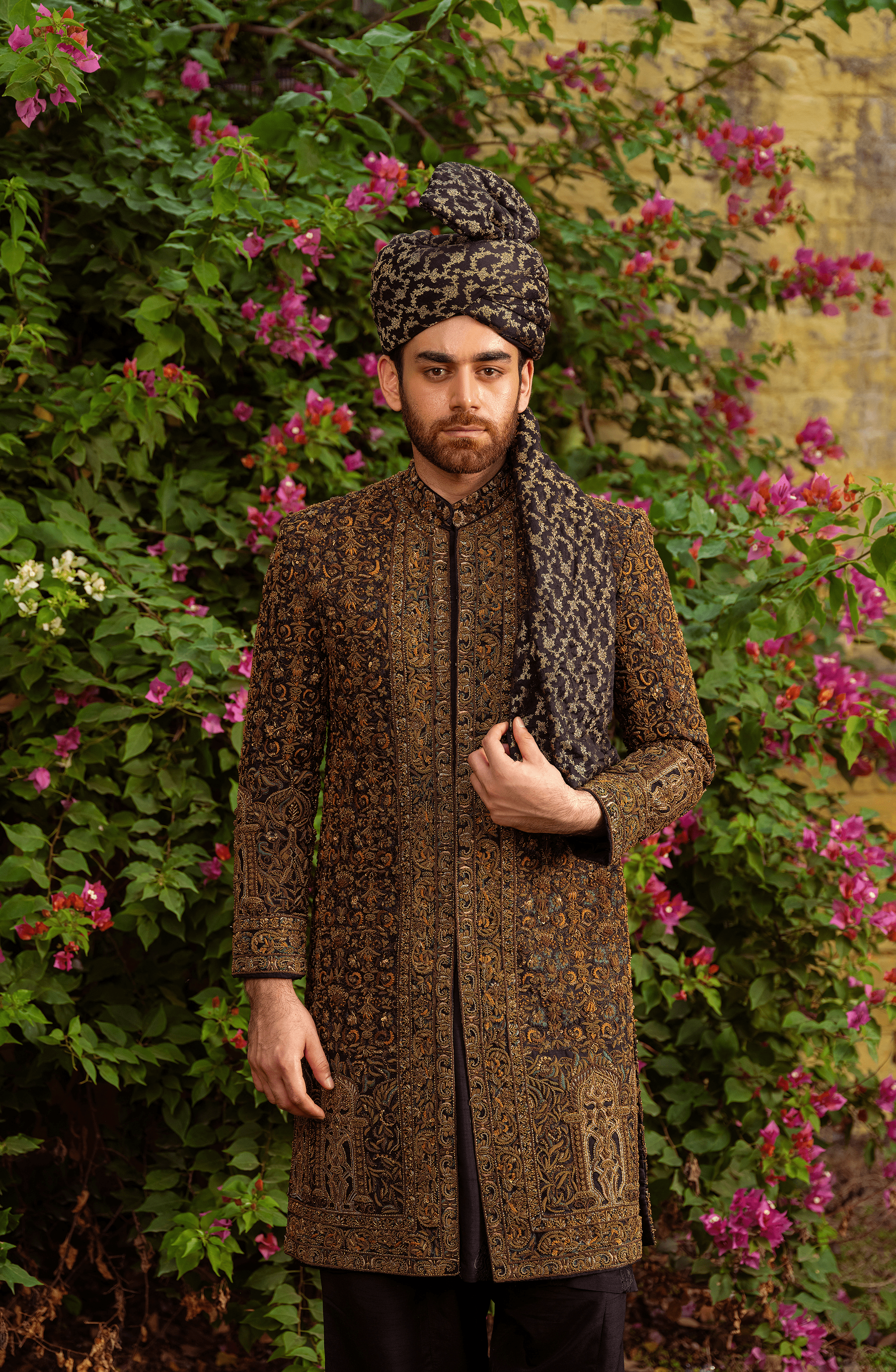 Black Embroidered Silk Groom Sherwani (3-Piece) - Image 2