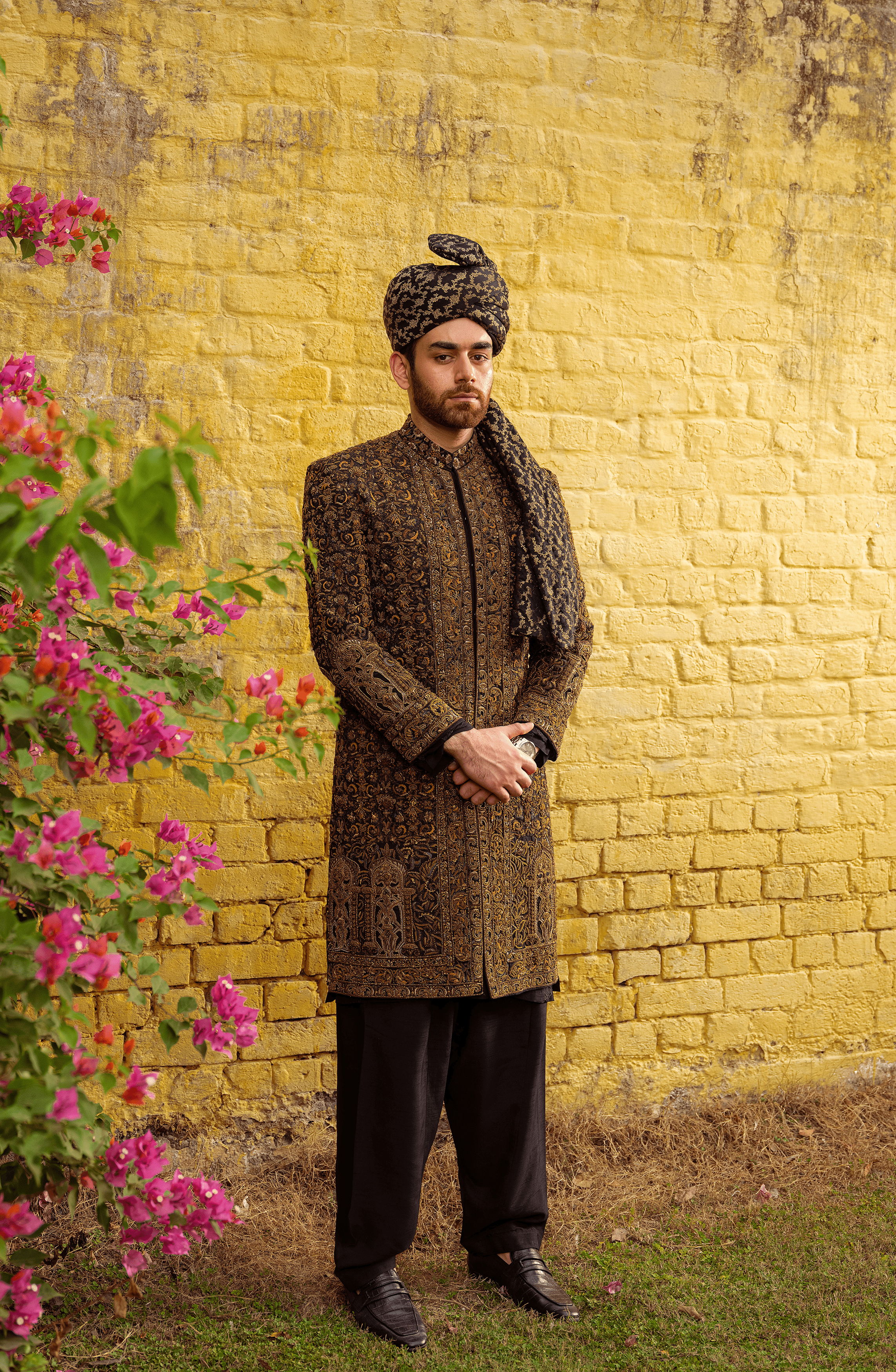 Black Embroidered Silk Groom Sherwani (3-Piece) - Image 3