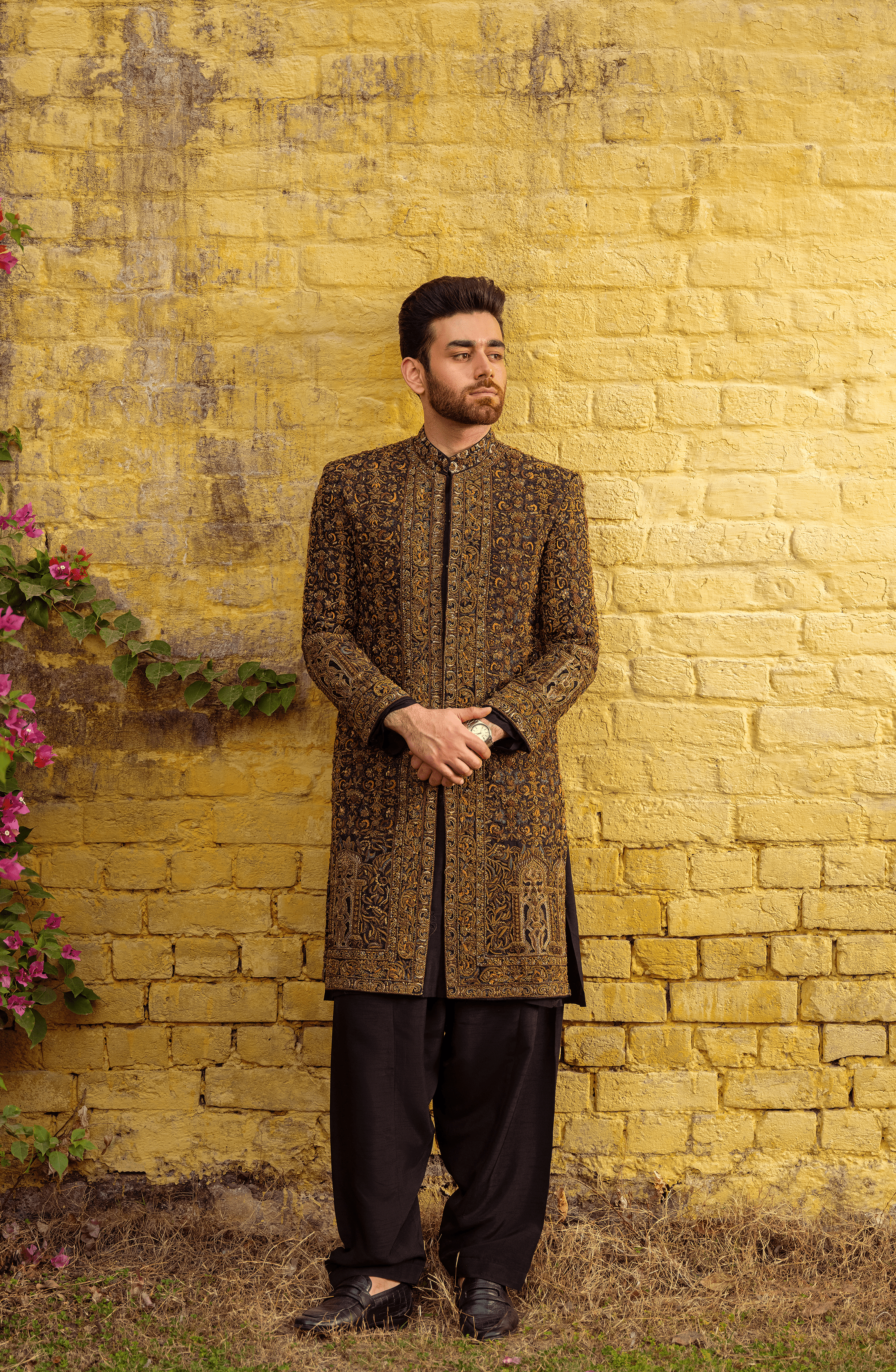 Black Embroidered Silk Groom Sherwani (3-Piece) - Image 5