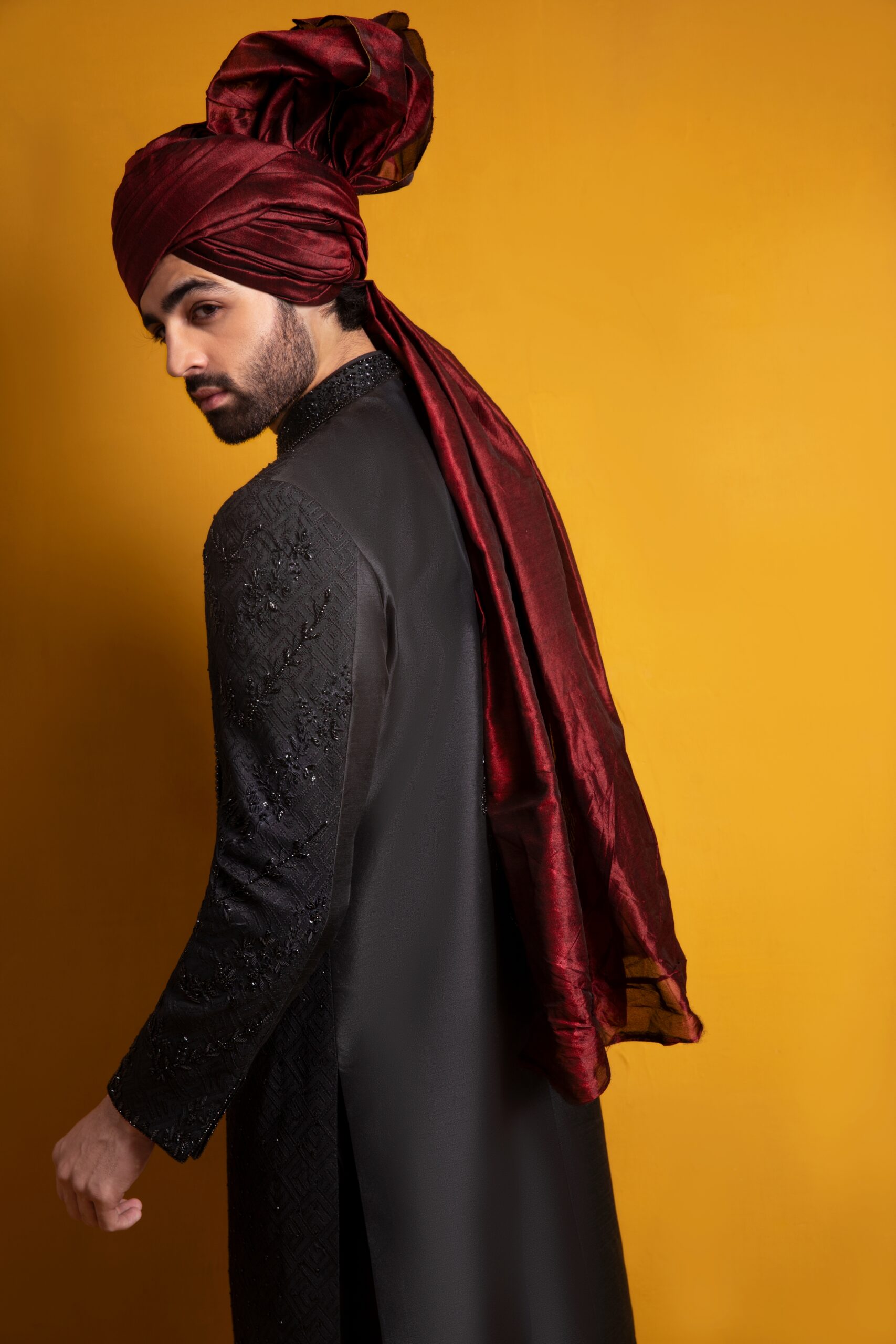 Black Chikankari Embroidered Silk-Blend Sherwani (2-Piece) - Image 3