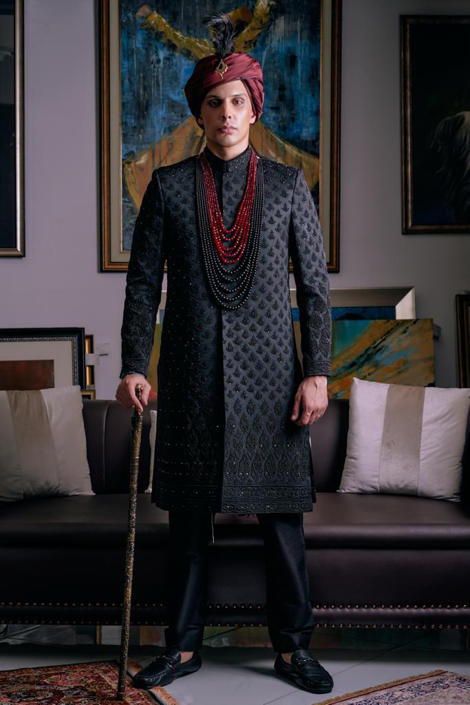 Frost Black Embroidered Silk-Blend Sherwani (3-Piece) - Image 1
