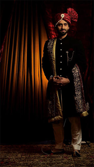 Black Embroidered Wool-Blend Sherwani (4-Piece) - Image 1