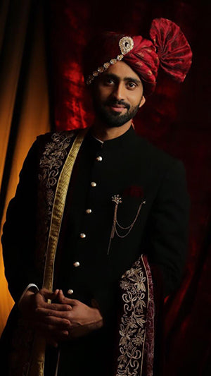 Black Embroidered Wool-Blend Sherwani (4-Piece) - Image 2