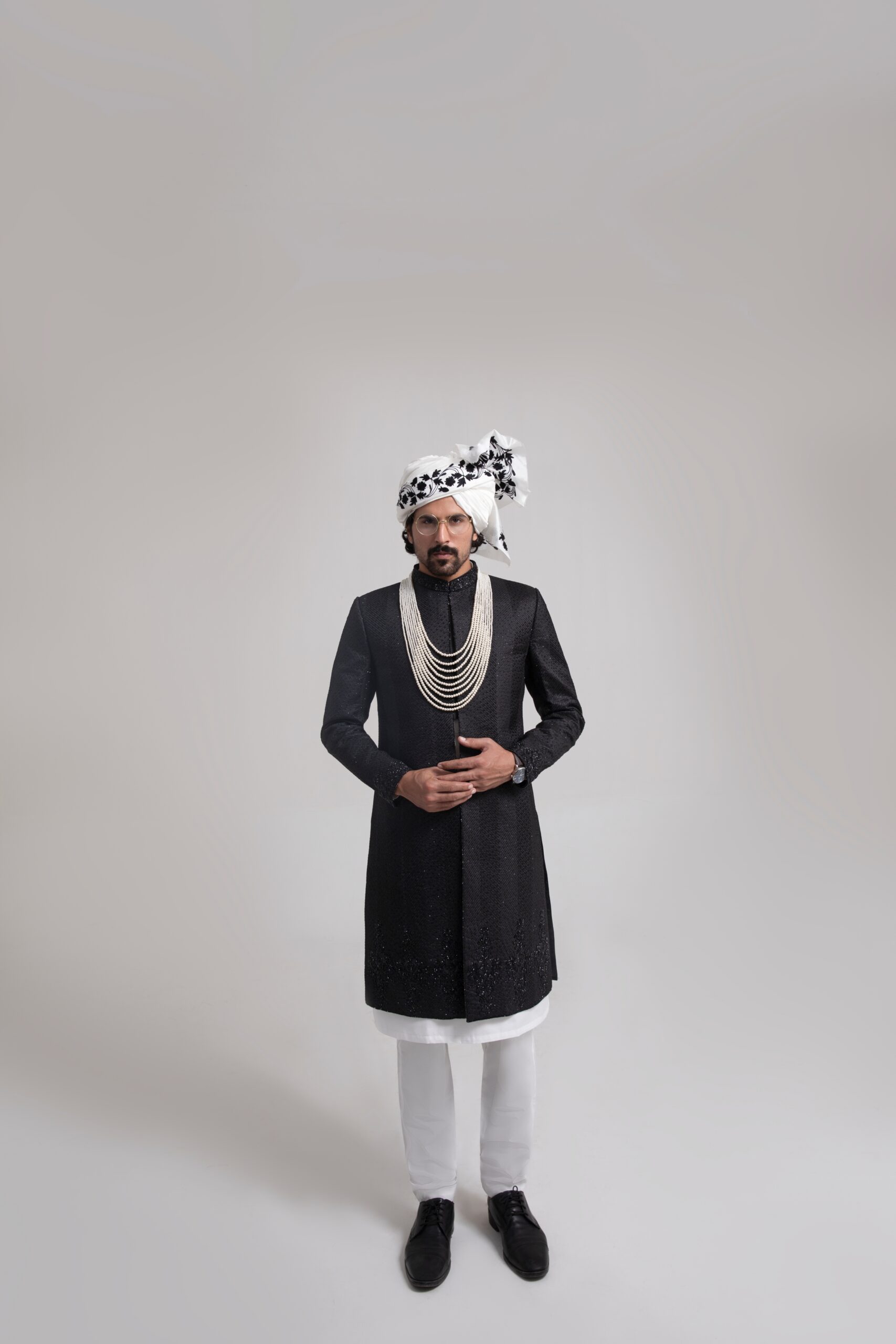 Black Embroidered Silk-Blend Groom Sherwani (3-Piece) - Image 1