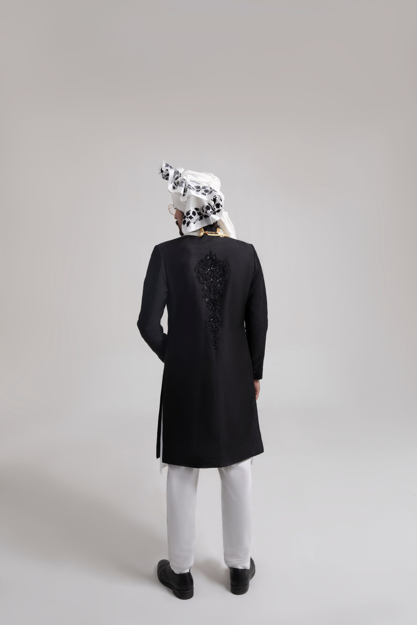 Black Embroidered Silk-Blend Groom Sherwani (3-Piece) - Image 2