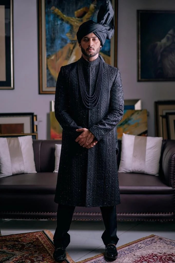 Black Embroidered Silk-Blend Sherwani (2-Piece) - Image 1