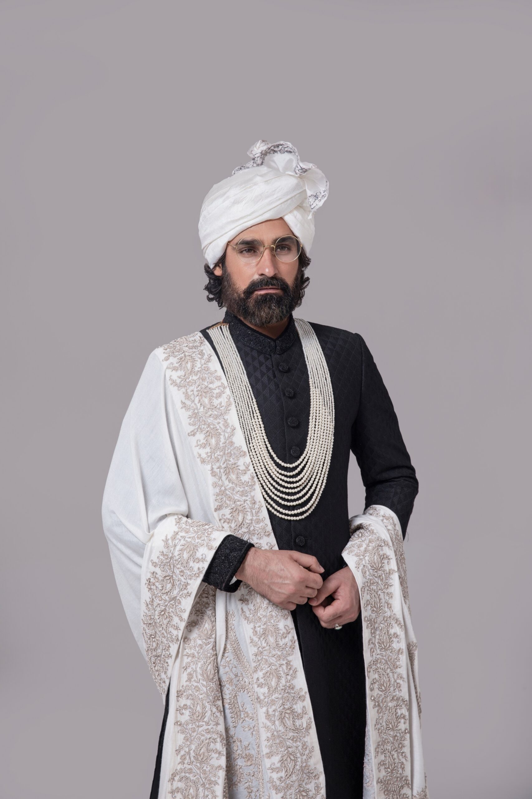 Black Embroidered Silk-Blend Groom Sherwani (4-Piece) - Image 1