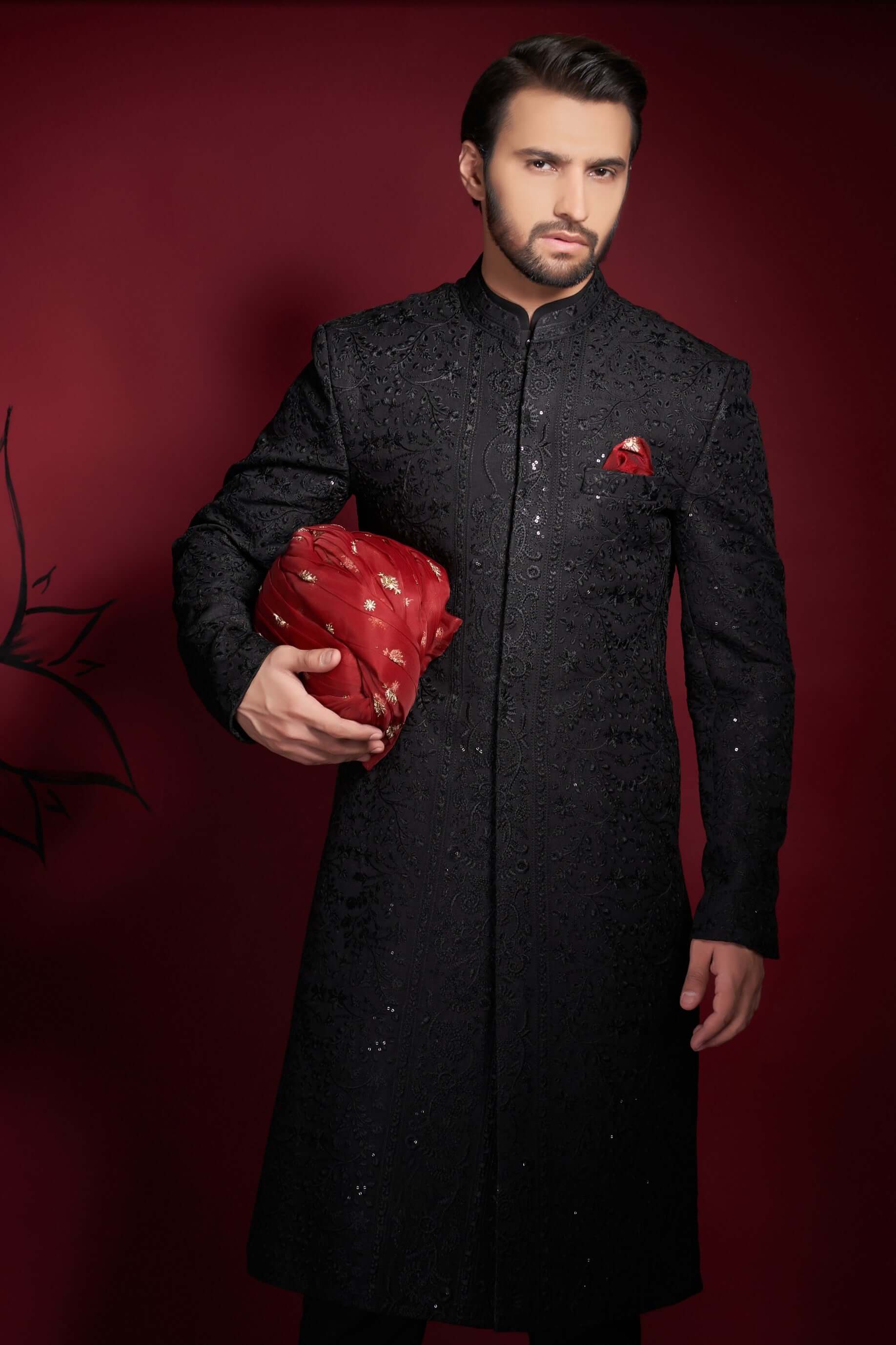 Jet Black Persian Motif Embroidered Sherwani (2-Piece) - Image 1