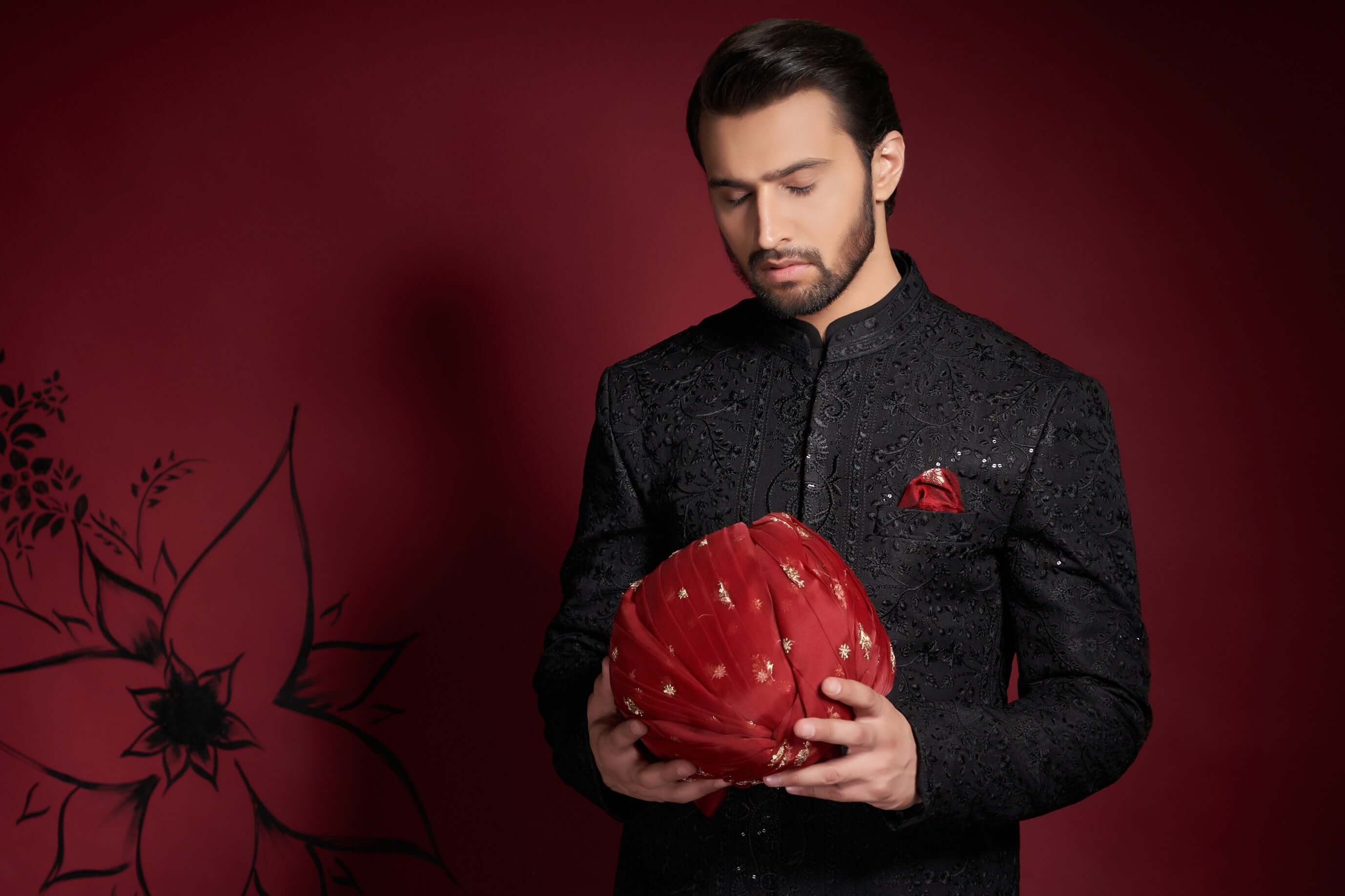 Jet Black Persian Motif Embroidered Sherwani (2-Piece) - Image 2