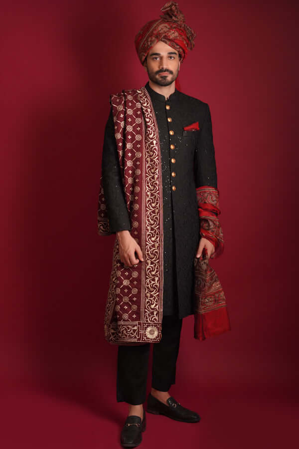 Jet Black Embroidered Silk-Blend Sherwani (3-Piece) - Image 1