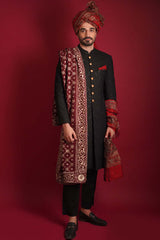 Jet Black Embroidered Silk-Blend Sherwani (3-Piece) - Image 2