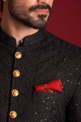 Jet Black Embroidered Silk-Blend Sherwani (3-Piece) - Image 3