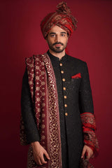 Jet Black Embroidered Silk-Blend Sherwani (3-Piece) - Image 6