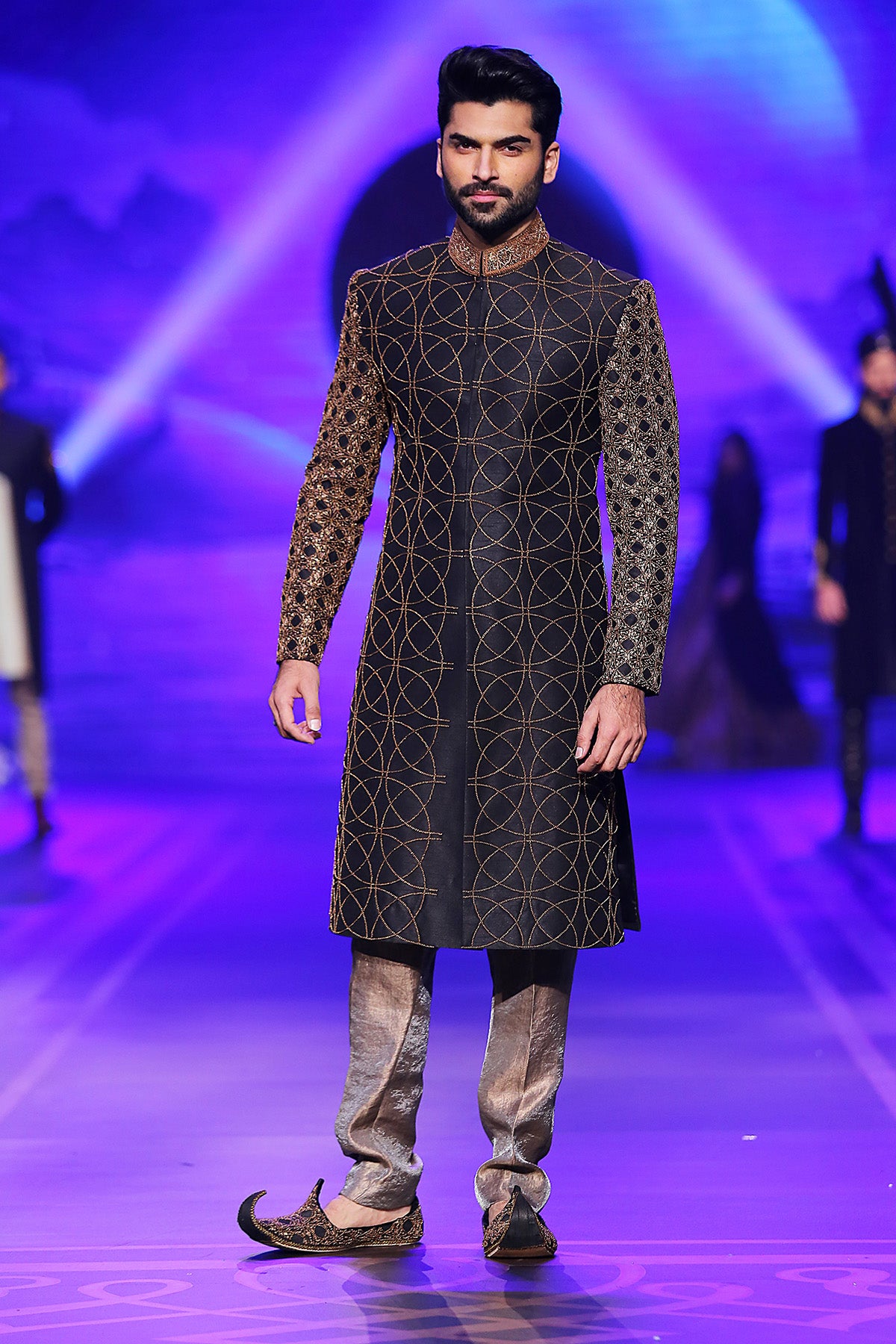 Black Geometric Embroidered Silk-Blend Sherwani (2-Piece) - Image 1