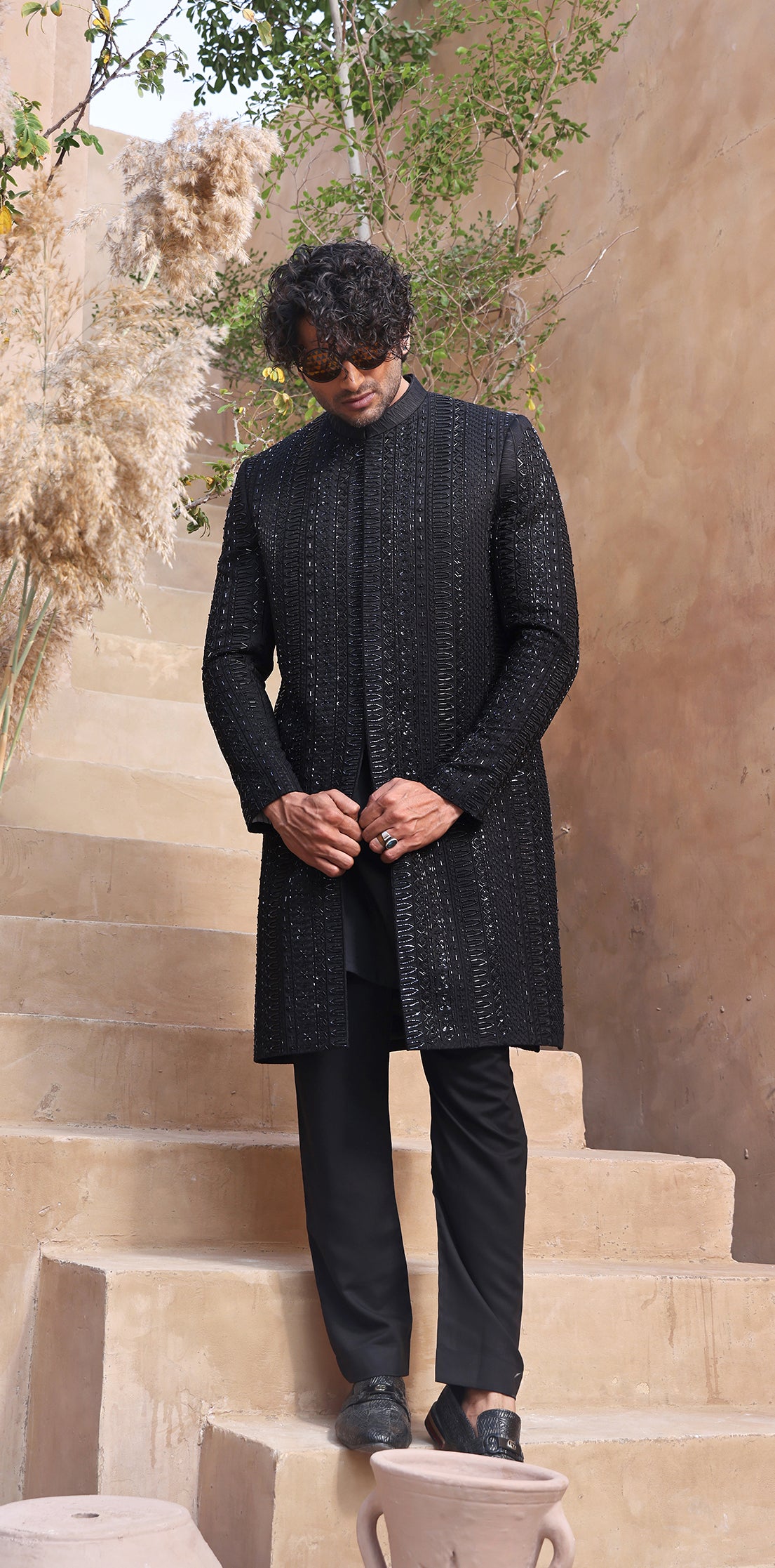 Black Hand-Embellished Silk-Blend Groom Sherwani (2-Piece) - Image 2