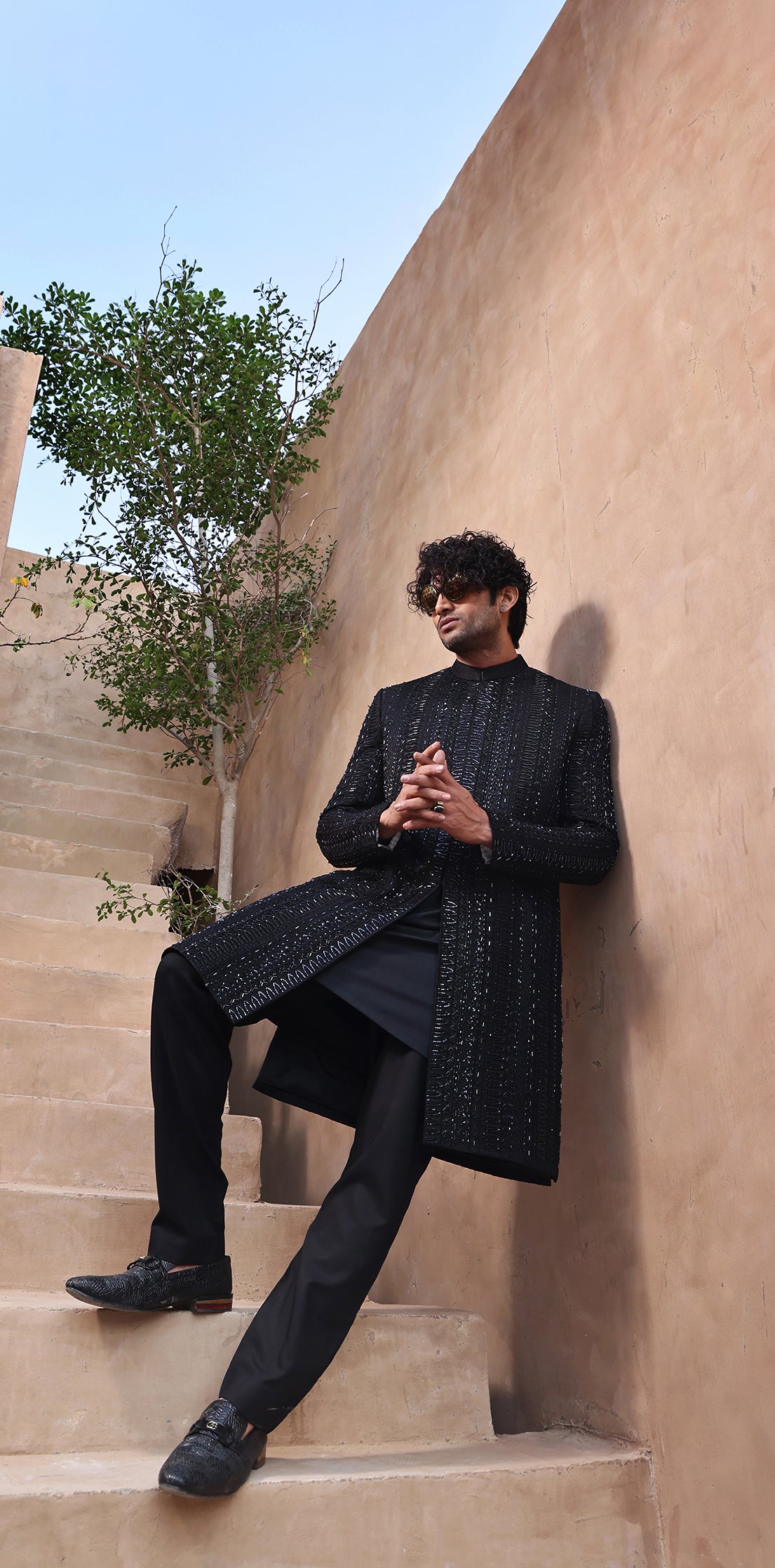Black Hand-Embellished Silk-Blend Groom Sherwani (2-Piece) - Image 3