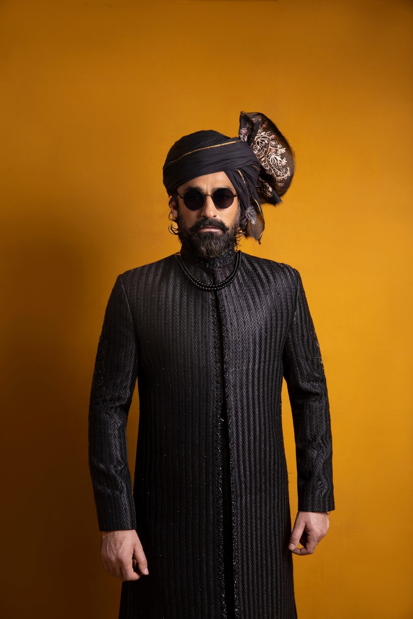 Black Hand-Embroidered Silk-Blend Sherwani (3-Piece) - Image 1