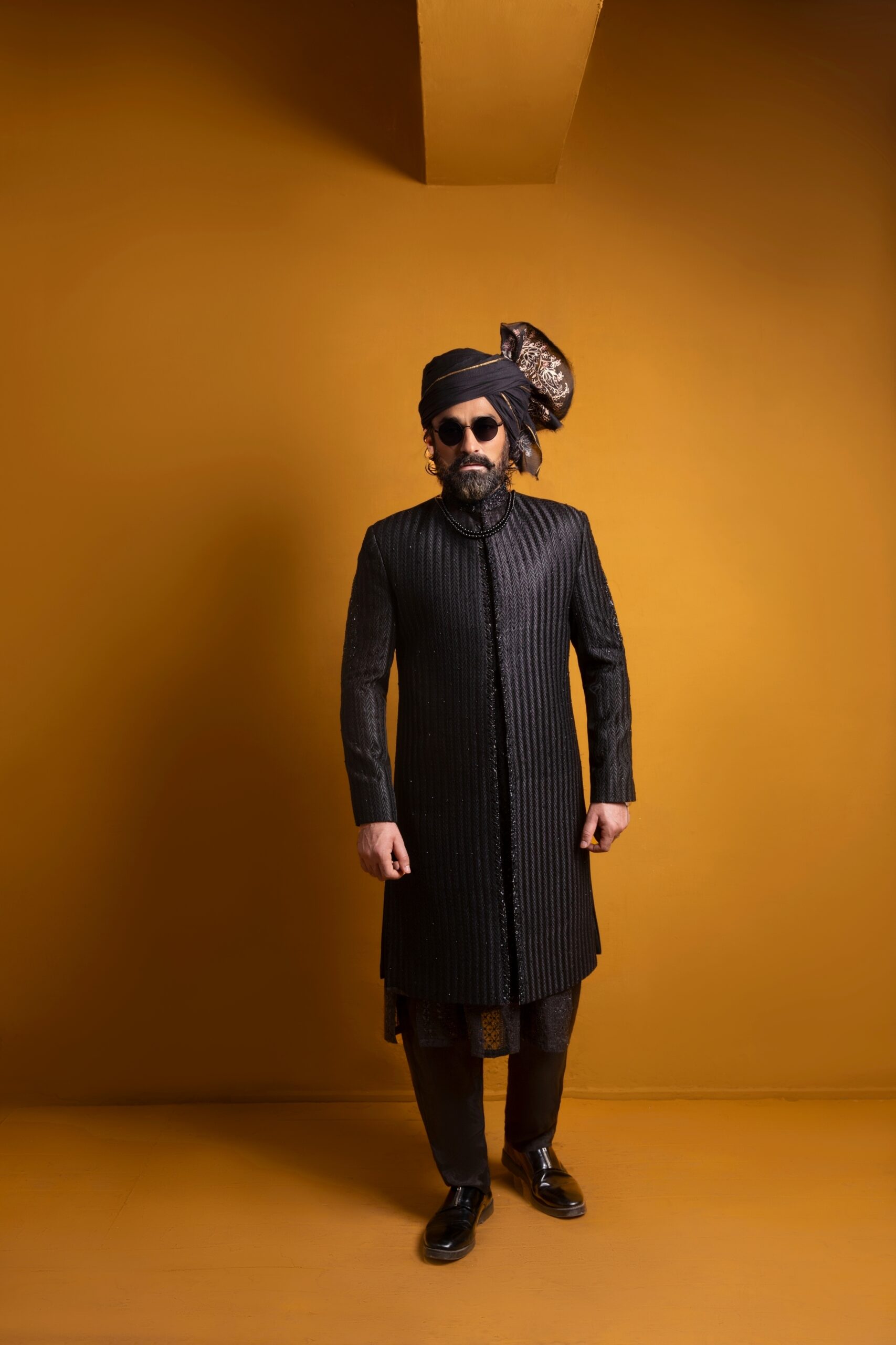 Black Hand-Embroidered Silk-Blend Sherwani (3-Piece) - Image 2