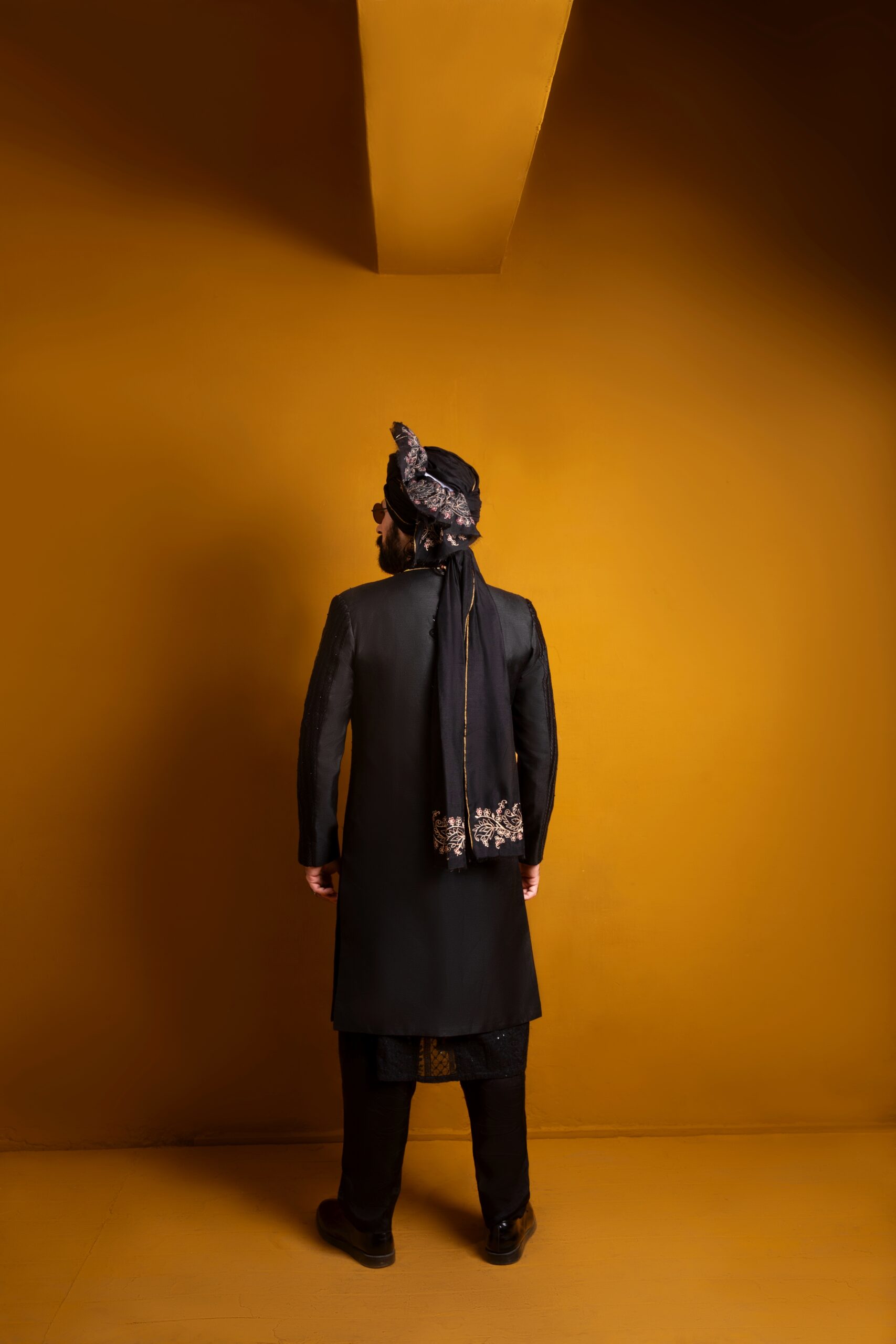 Black Hand-Embroidered Silk-Blend Sherwani (3-Piece) - Image 3