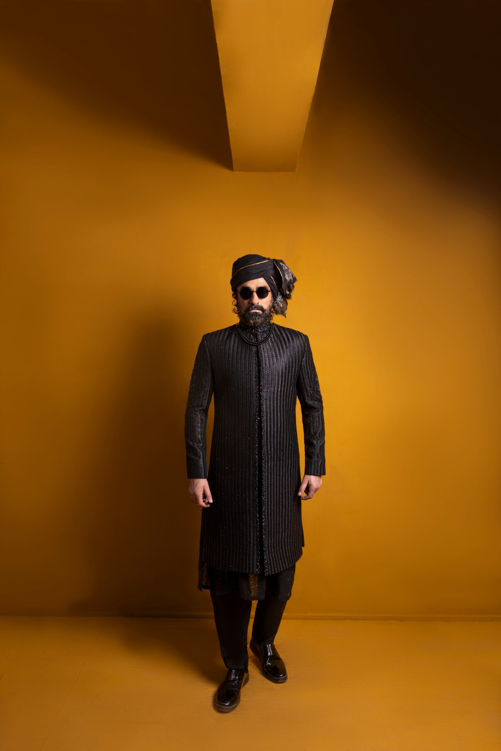 Black Hand-Embroidered Silk-Blend Sherwani (3-Piece) - Image 4