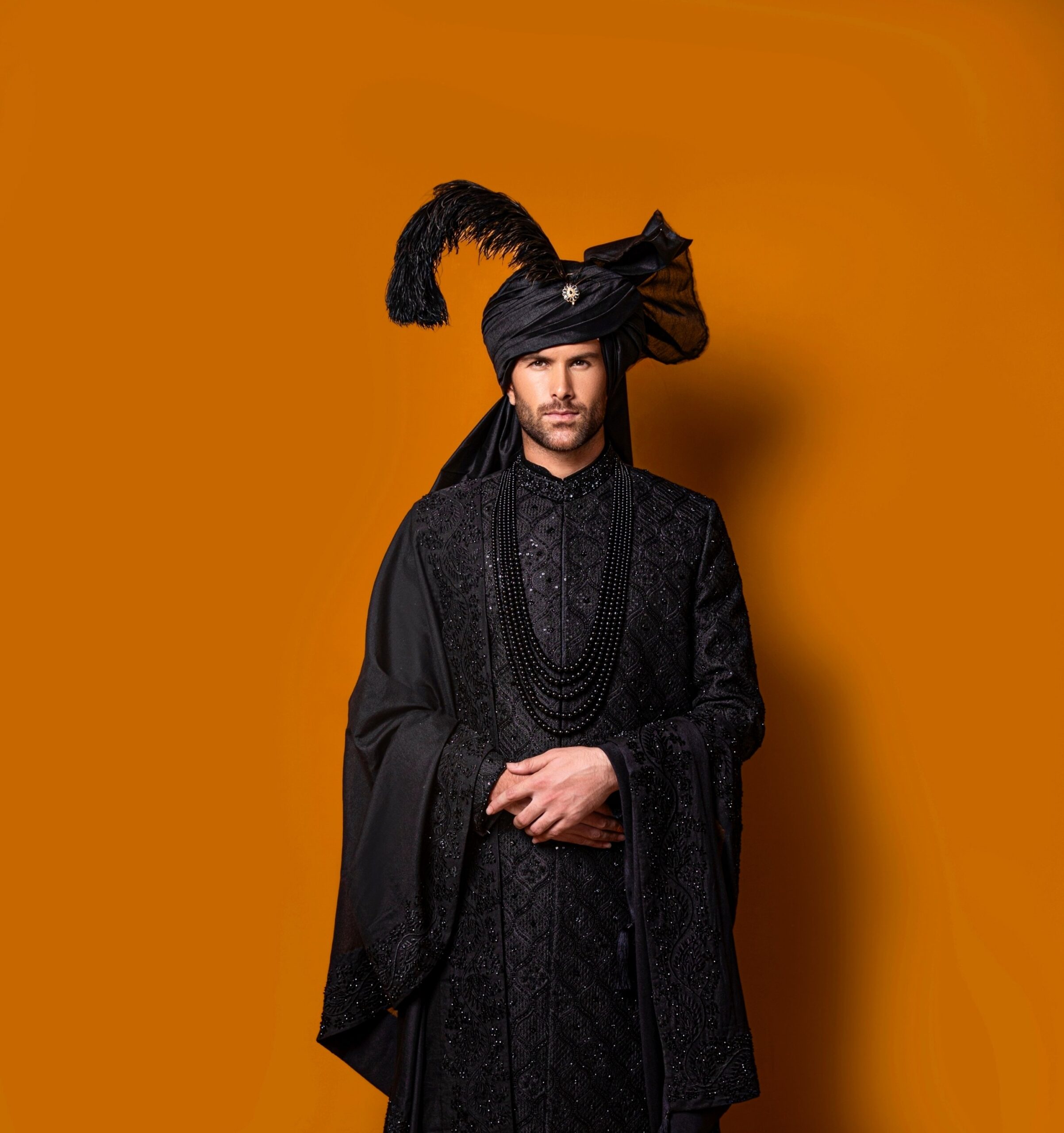 Black Hand-Embroidered Silk-Blend Sherwani (3-Piece) - Image 1