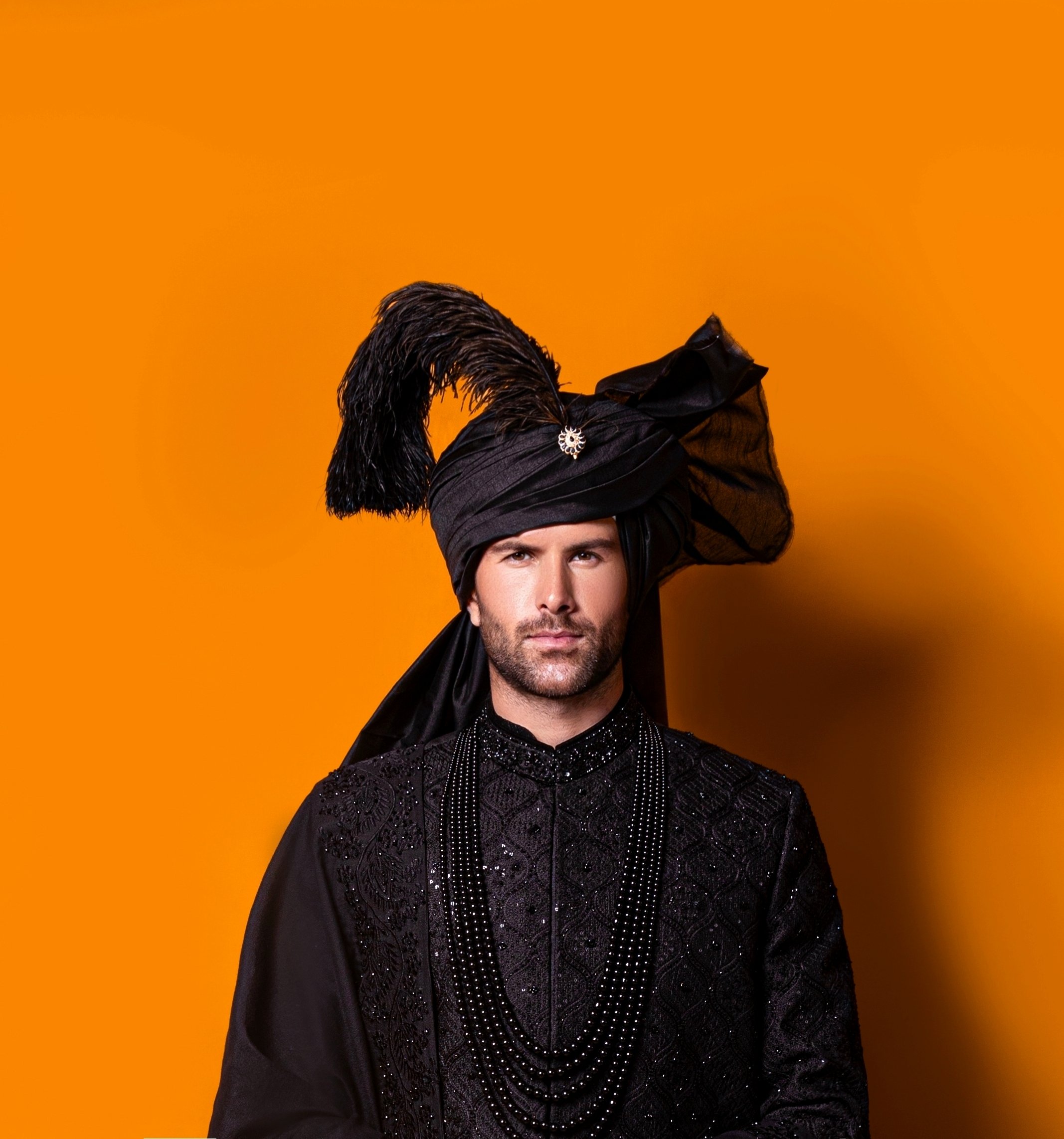 Black Hand-Embroidered Silk-Blend Sherwani (3-Piece) - Image 2