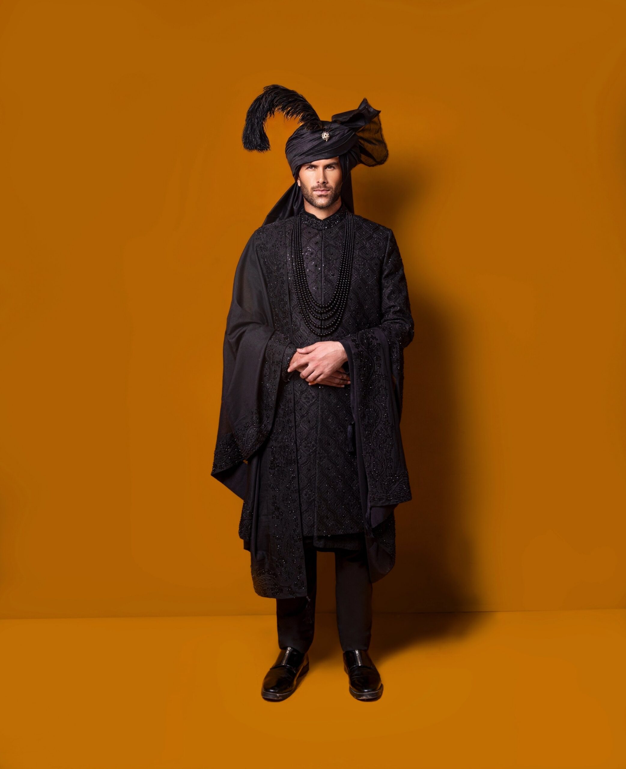 Black Hand-Embroidered Silk-Blend Sherwani (3-Piece) - Image 3