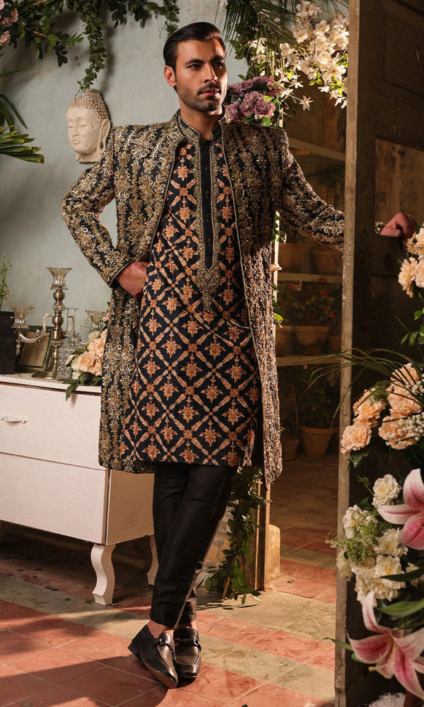 Black Gold Embroidered Silk-Blend Groom Sherwani (3-Piece) - Image 2