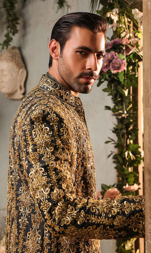Black Gold Embroidered Silk-Blend Groom Sherwani (3-Piece) - Image 3