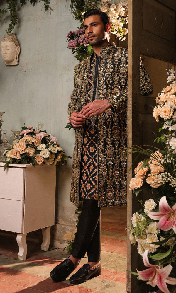 Black Gold Embroidered Silk-Blend Groom Sherwani (3-Piece) - Image 4