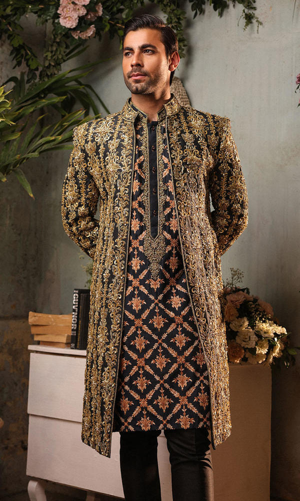 Black Gold Embroidered Silk-Blend Groom Sherwani (3-Piece) - Image 6