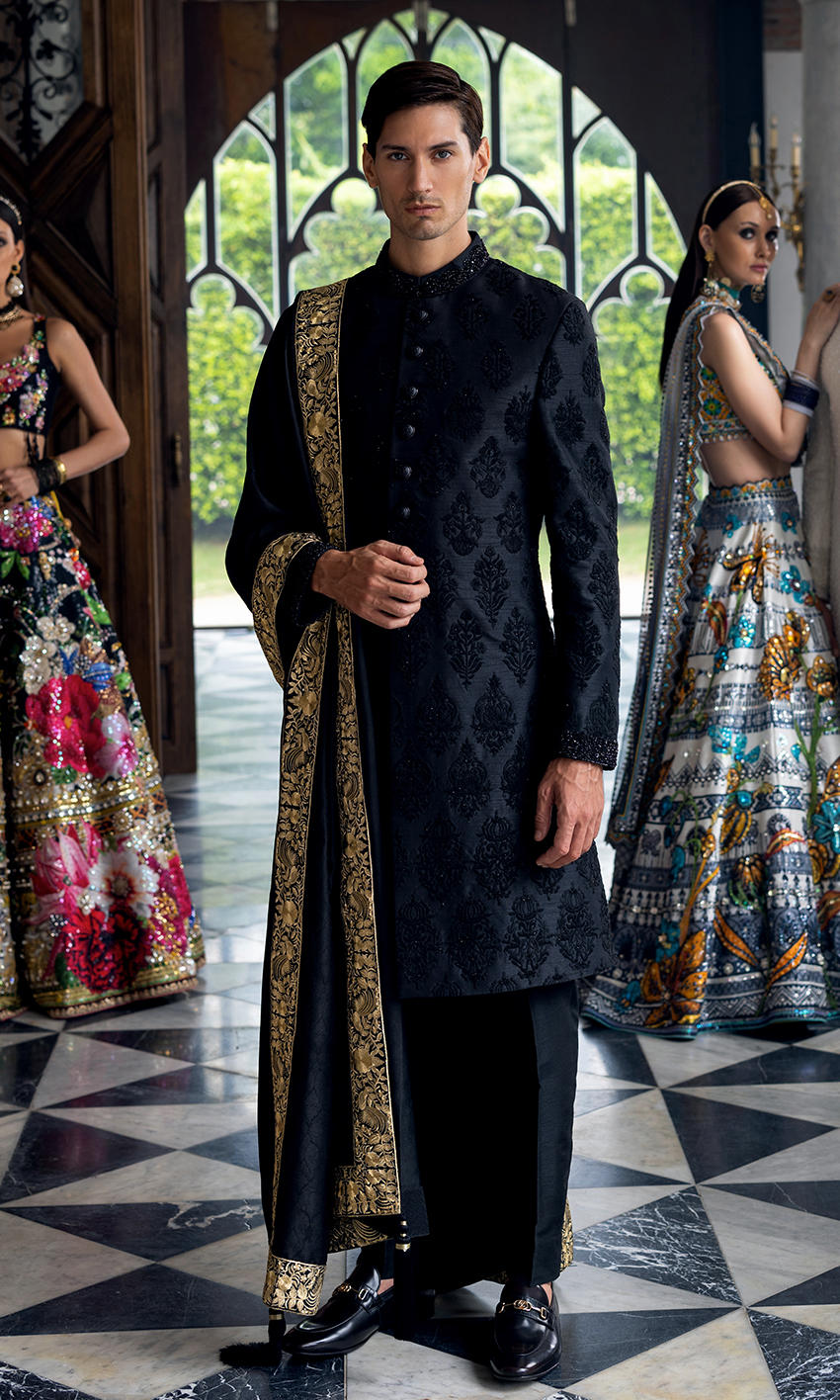 Black Embroidered Silk-Blend Sherwani (3-Piece) - Image 1