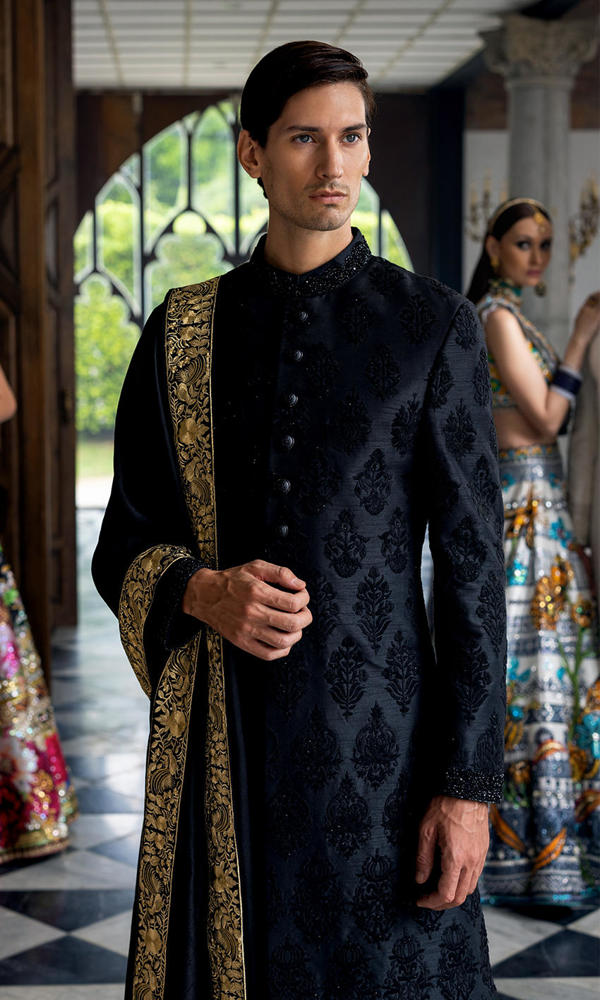 Black Embroidered Silk-Blend Sherwani (3-Piece) - Image 3