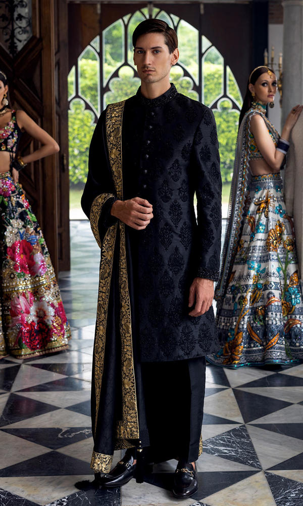 Black Embroidered Silk-Blend Sherwani (3-Piece) - Image 4