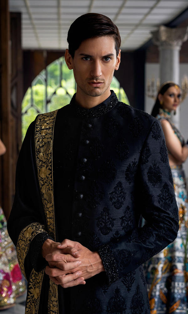 Black Embroidered Silk-Blend Sherwani (3-Piece) - Image 5