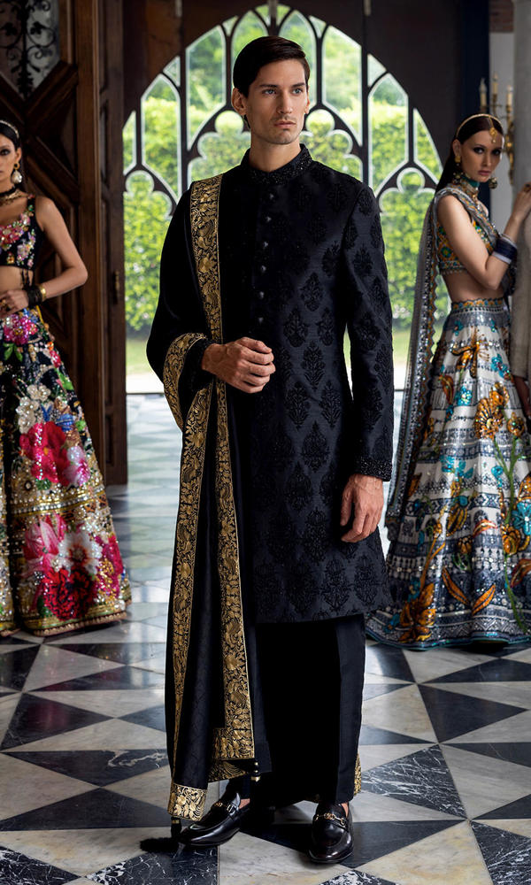 Black Embroidered Silk-Blend Sherwani (3-Piece) - Image 6