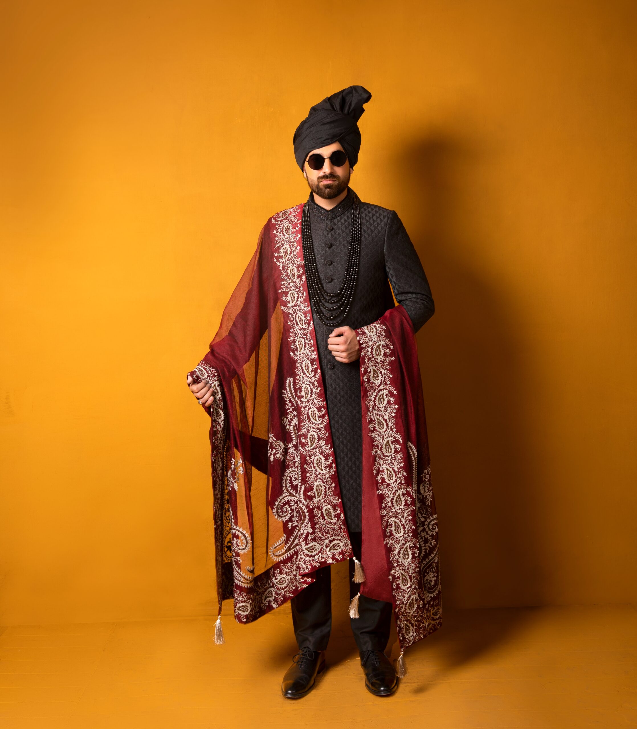Black Hand Embroidered Silk Blend Sherwani (3-Piece) - Image 1