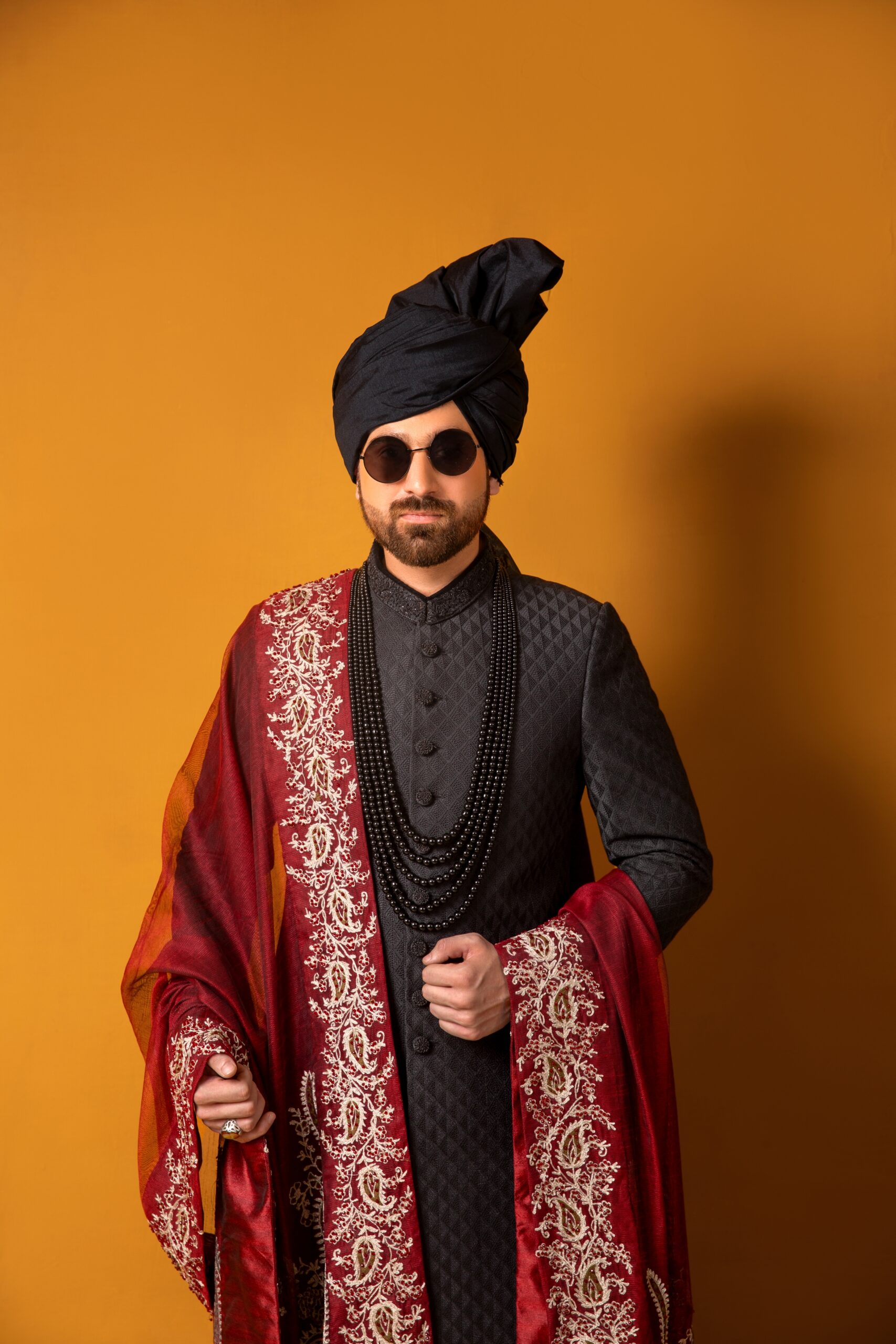 Black Hand Embroidered Silk Blend Sherwani (3-Piece) - Image 2