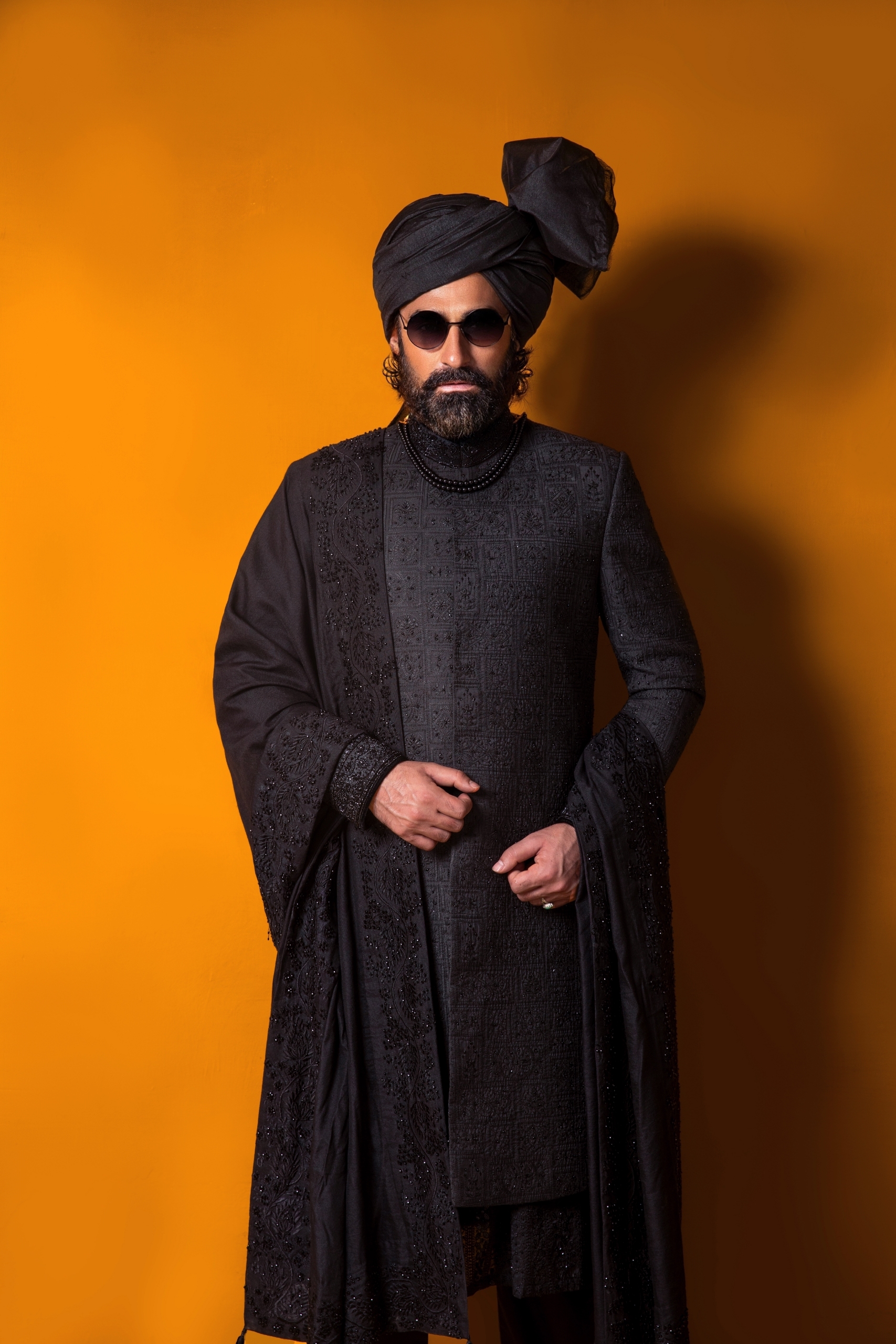 Black Hand-Embroidered Silk-Blend Sherwani (3-Piece) - Image 1