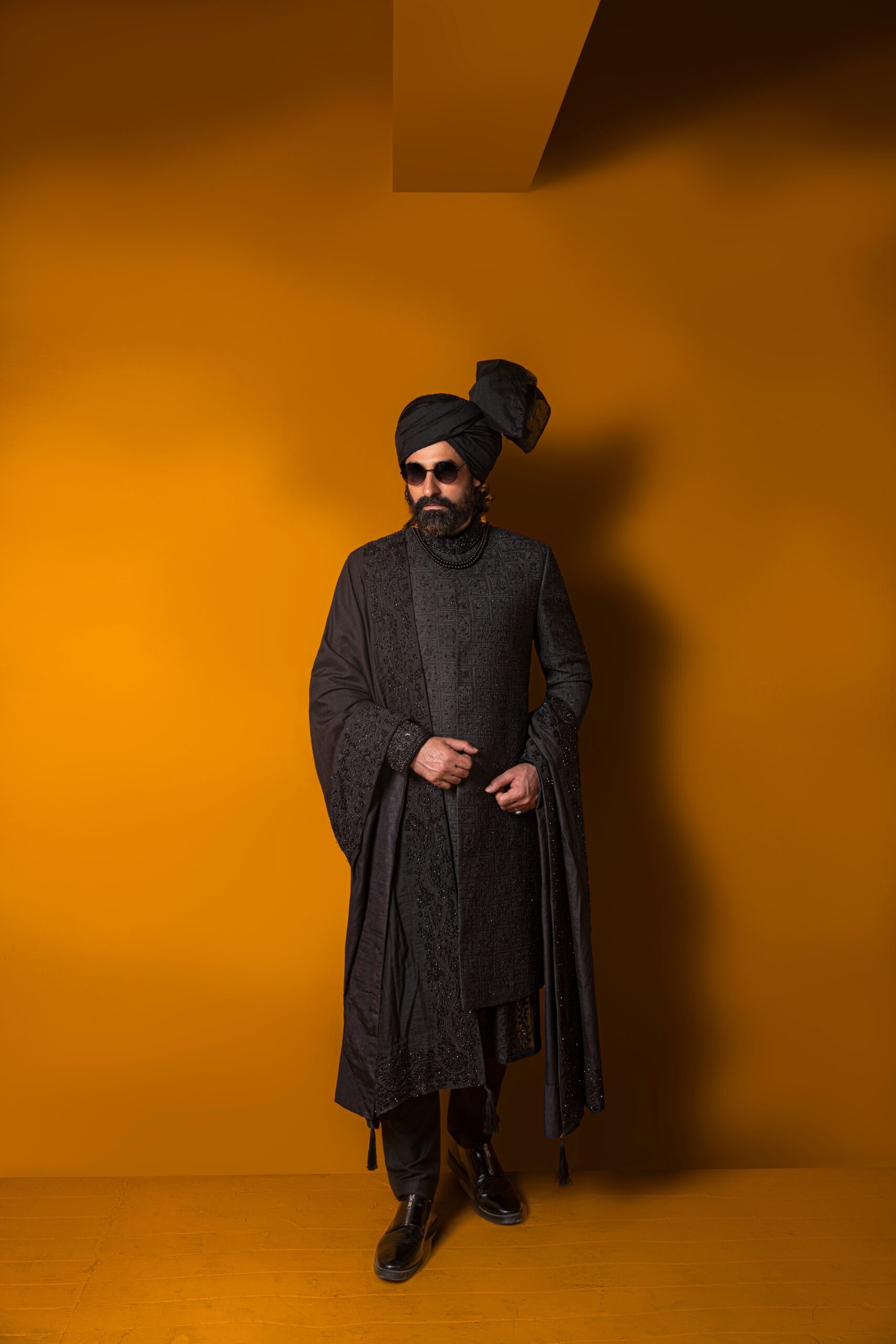 Black Hand-Embroidered Silk-Blend Sherwani (3-Piece) - Image 2