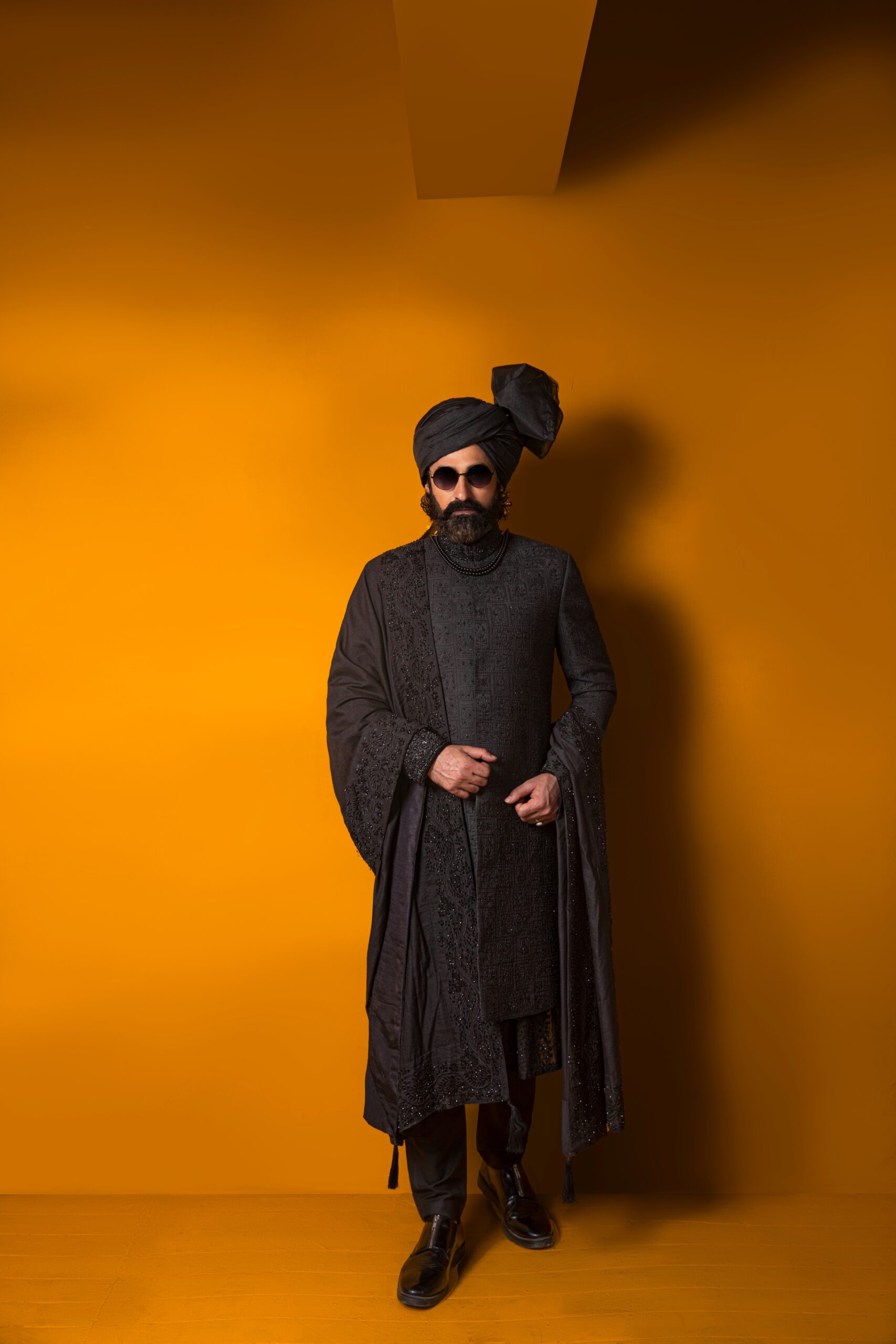 Black Hand-Embroidered Silk-Blend Sherwani (3-Piece) - Image 3