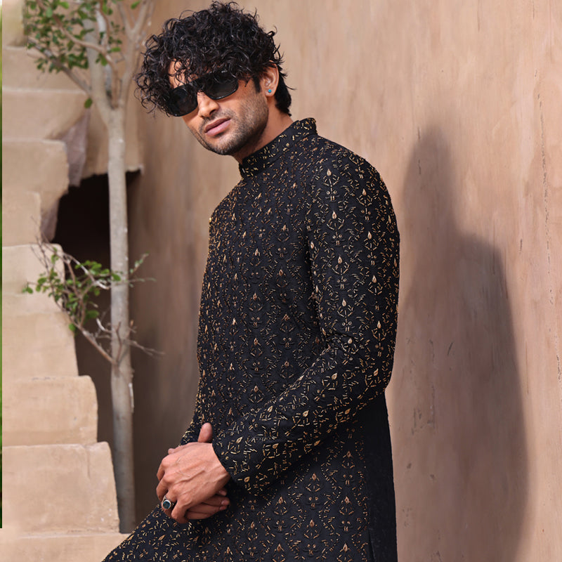 Black Hand-Embroidered Silk-Blend Sherwani (2-Piece) - Image 1
