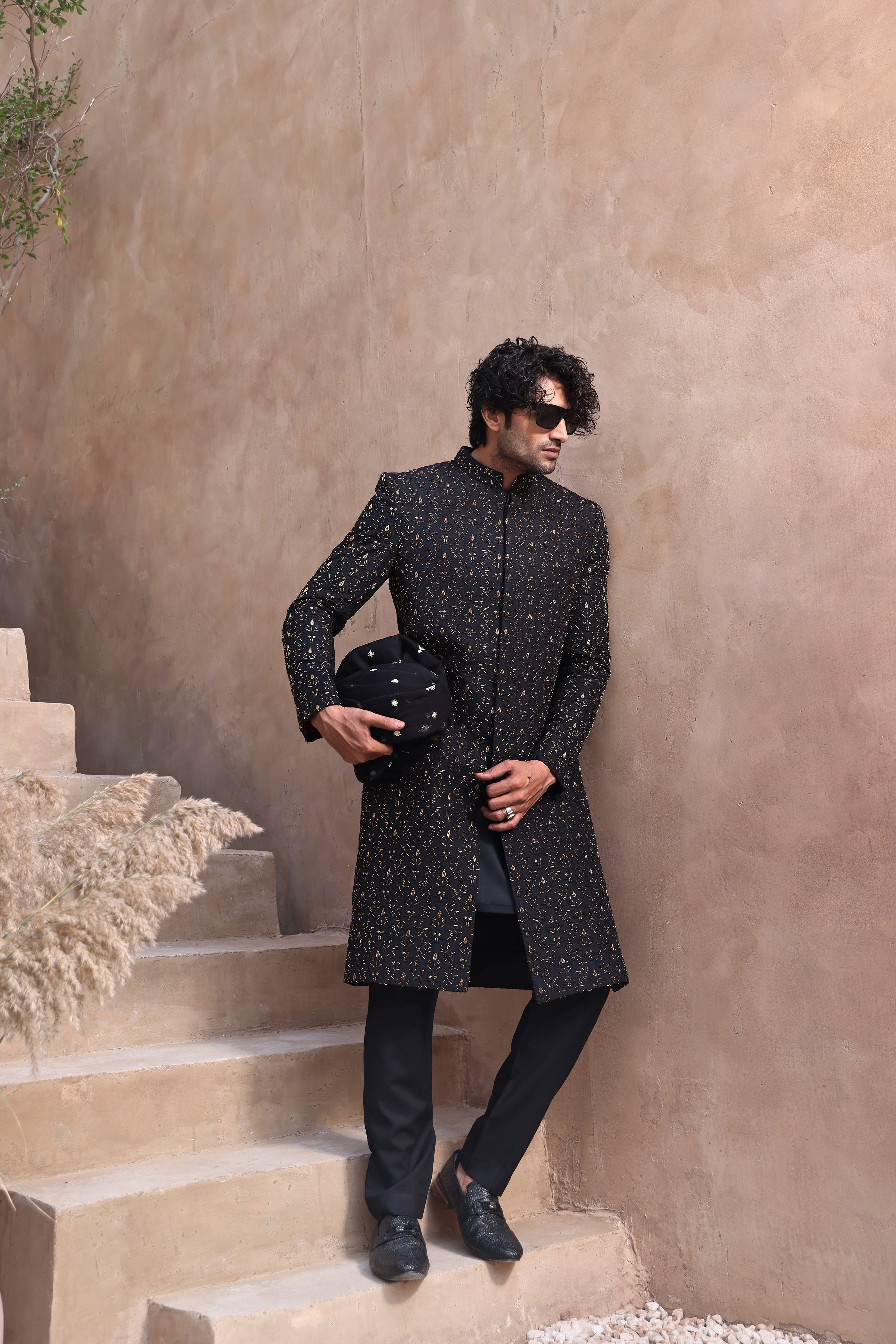 Black Hand-Embroidered Silk-Blend Sherwani (2-Piece) - Image 2