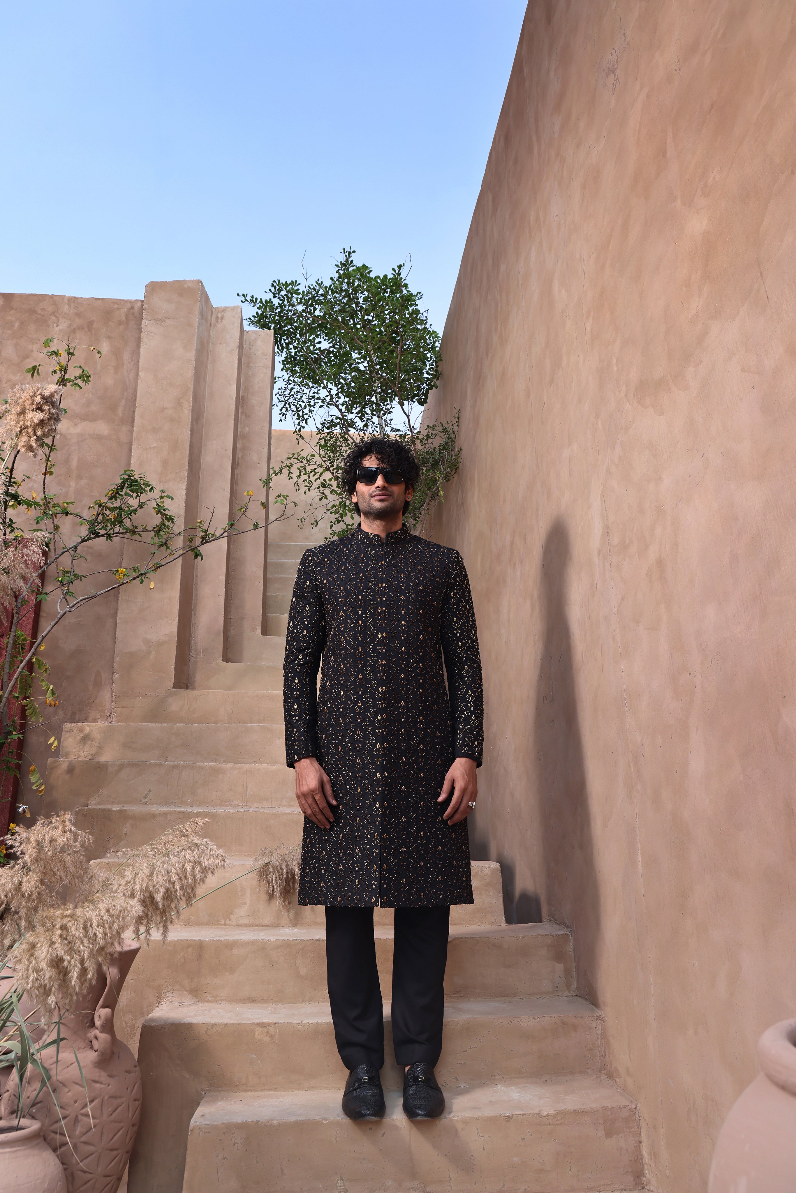 Black Hand-Embroidered Silk-Blend Sherwani (2-Piece) - Image 4