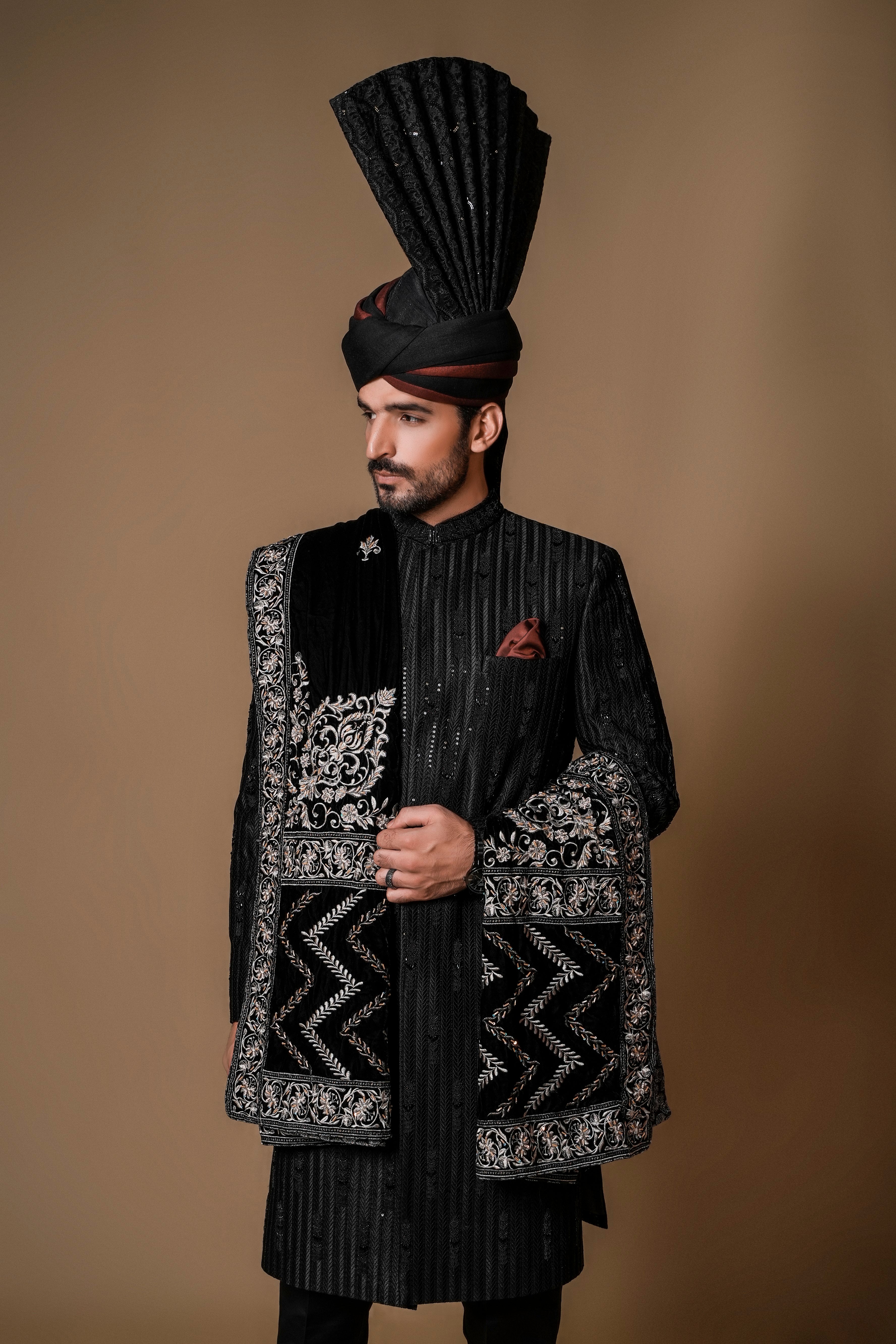 Black Hand-Embellished Silk-Blend Sherwani (3-Piece) - Image 1