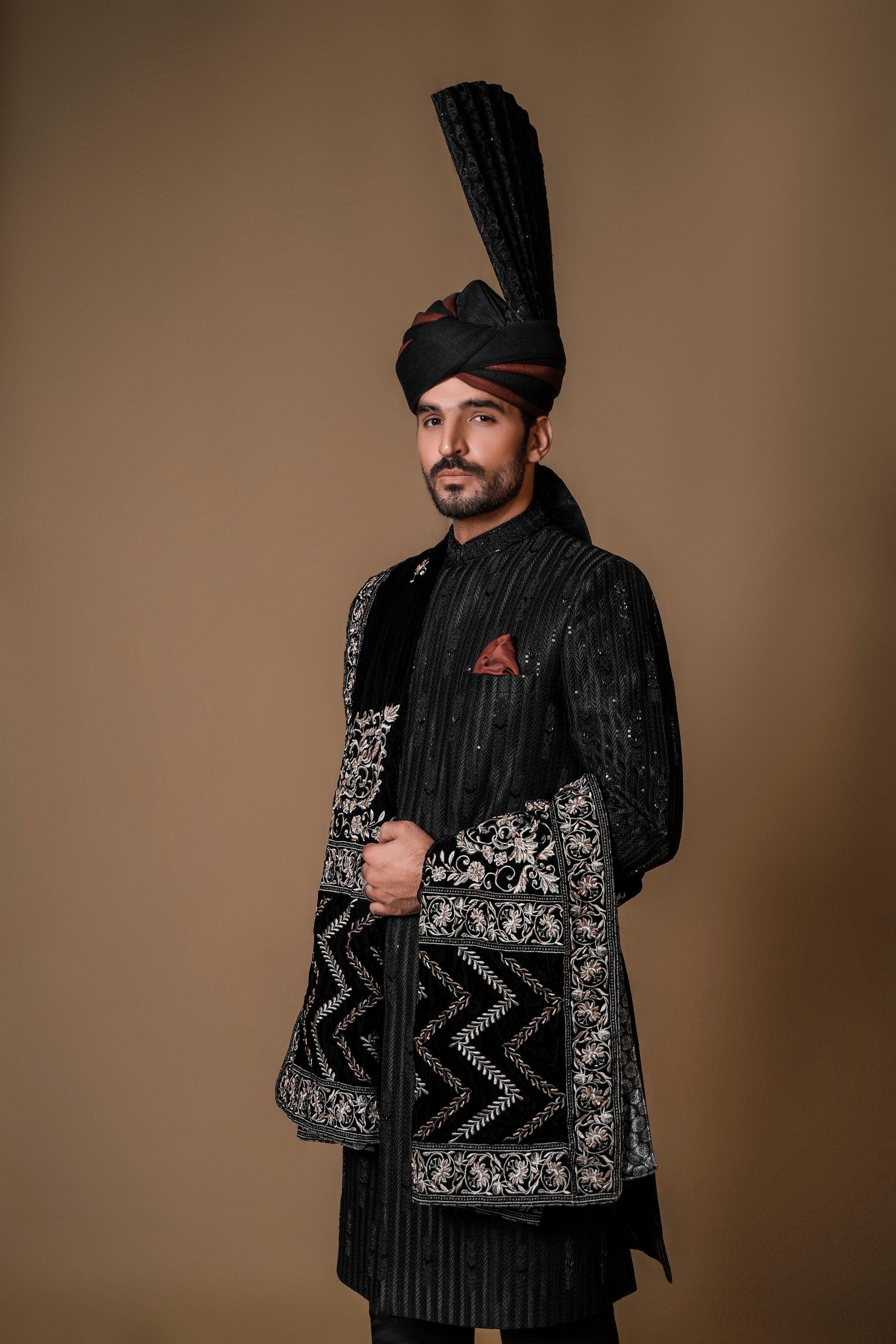 Black Hand-Embellished Silk-Blend Sherwani (3-Piece) - Image 2