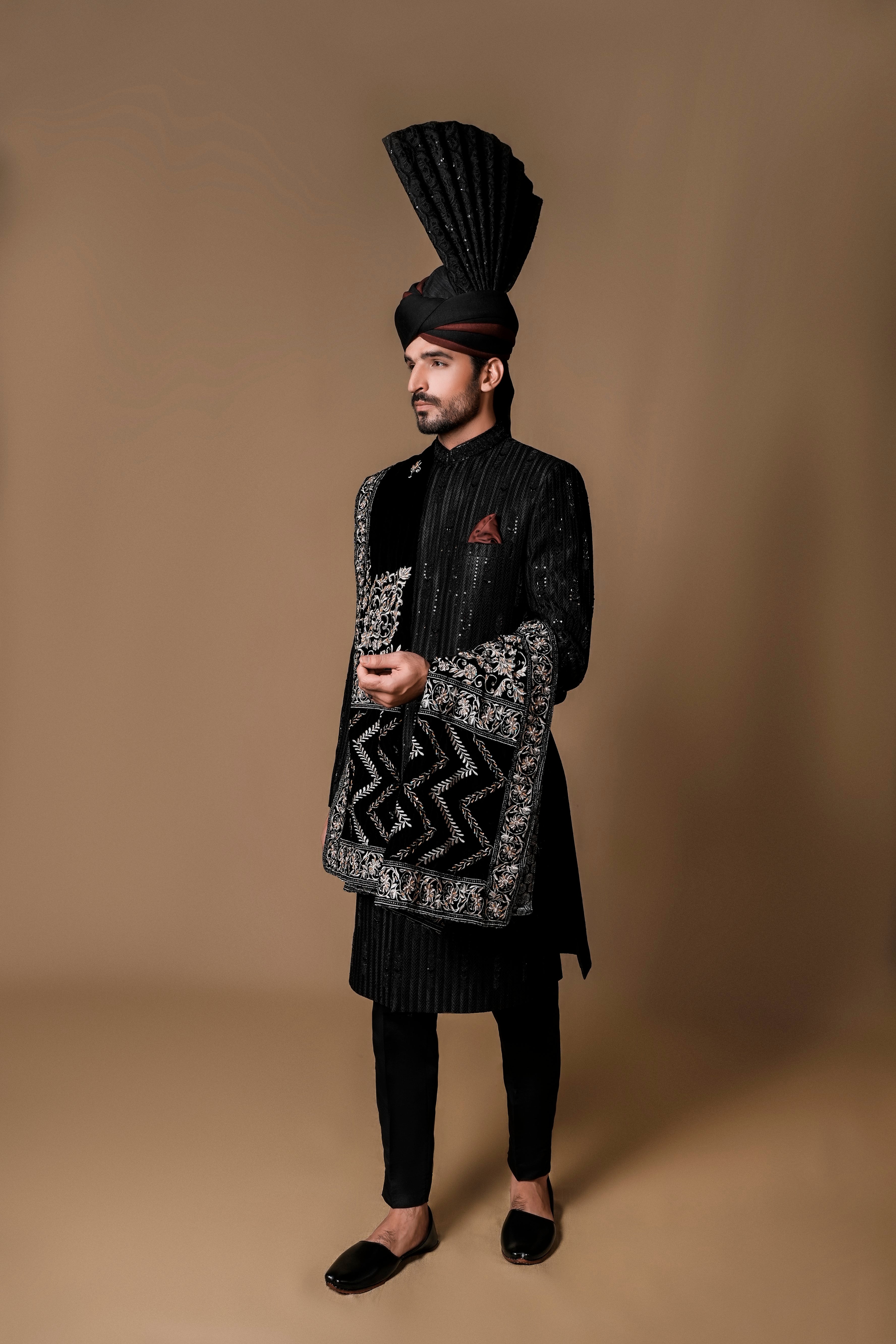 Black Hand-Embellished Silk-Blend Sherwani (3-Piece) - Image 3