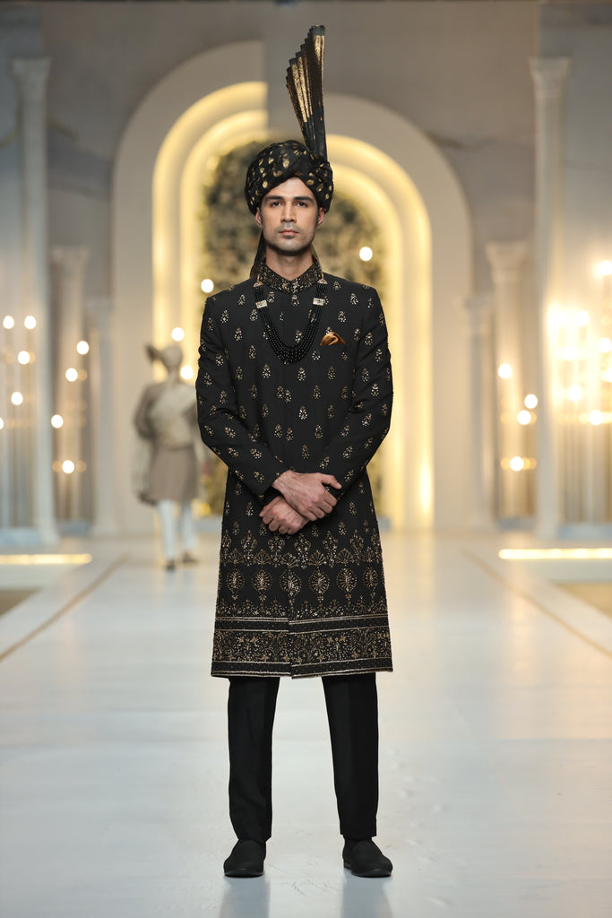 Black Hand-Embroidered Silk-Blend Sherwani (2-Piece) - Image 1