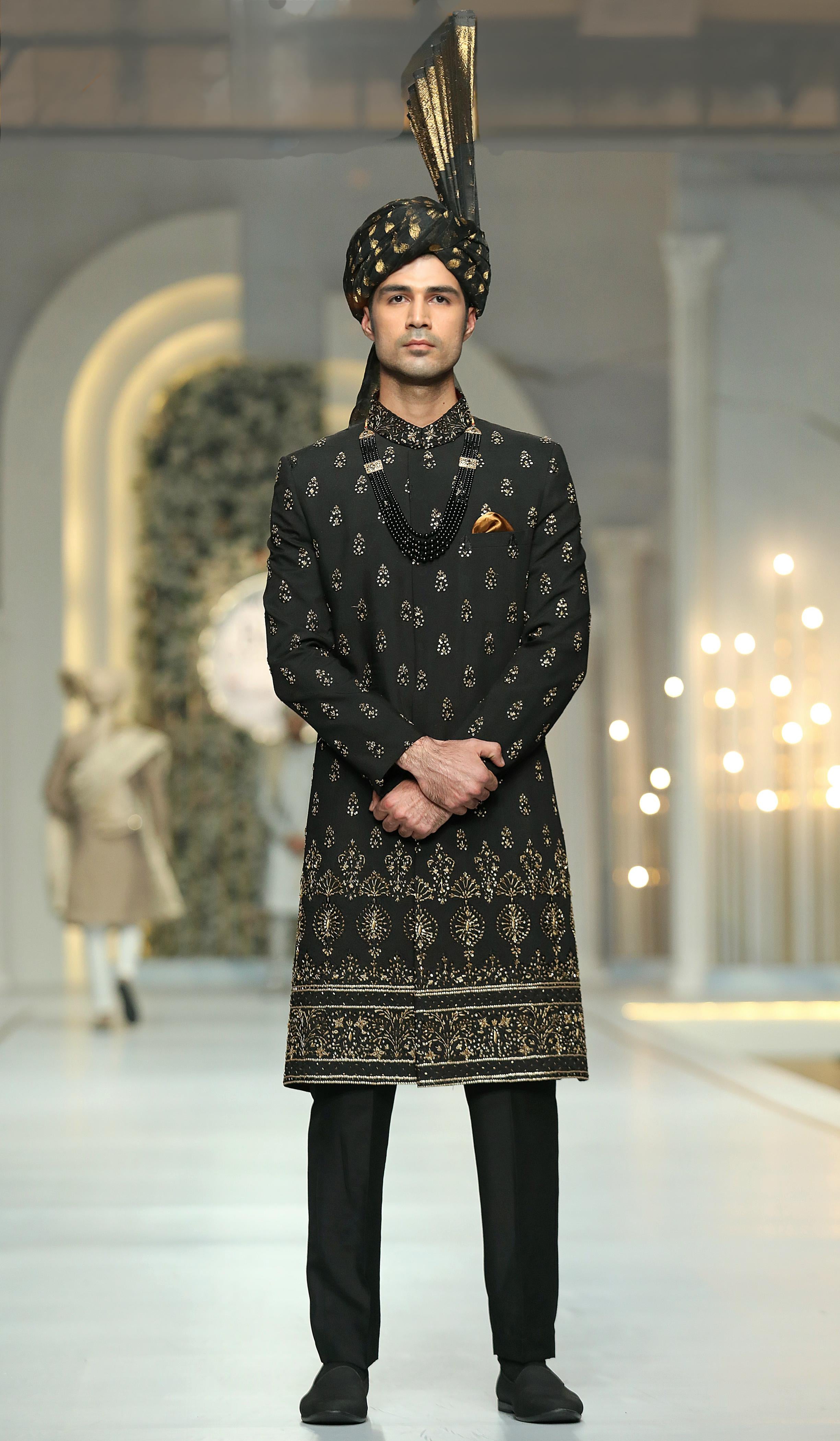 Black Hand-Embroidered Silk-Blend Sherwani (2-Piece) - Image 4